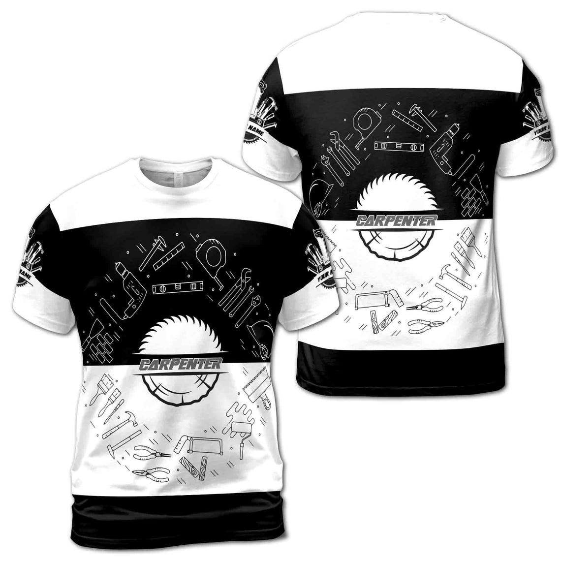 Customize Name Carpenter Tools Saw Circle Woodworking Black White 3D T-Shirt (S-5XL)