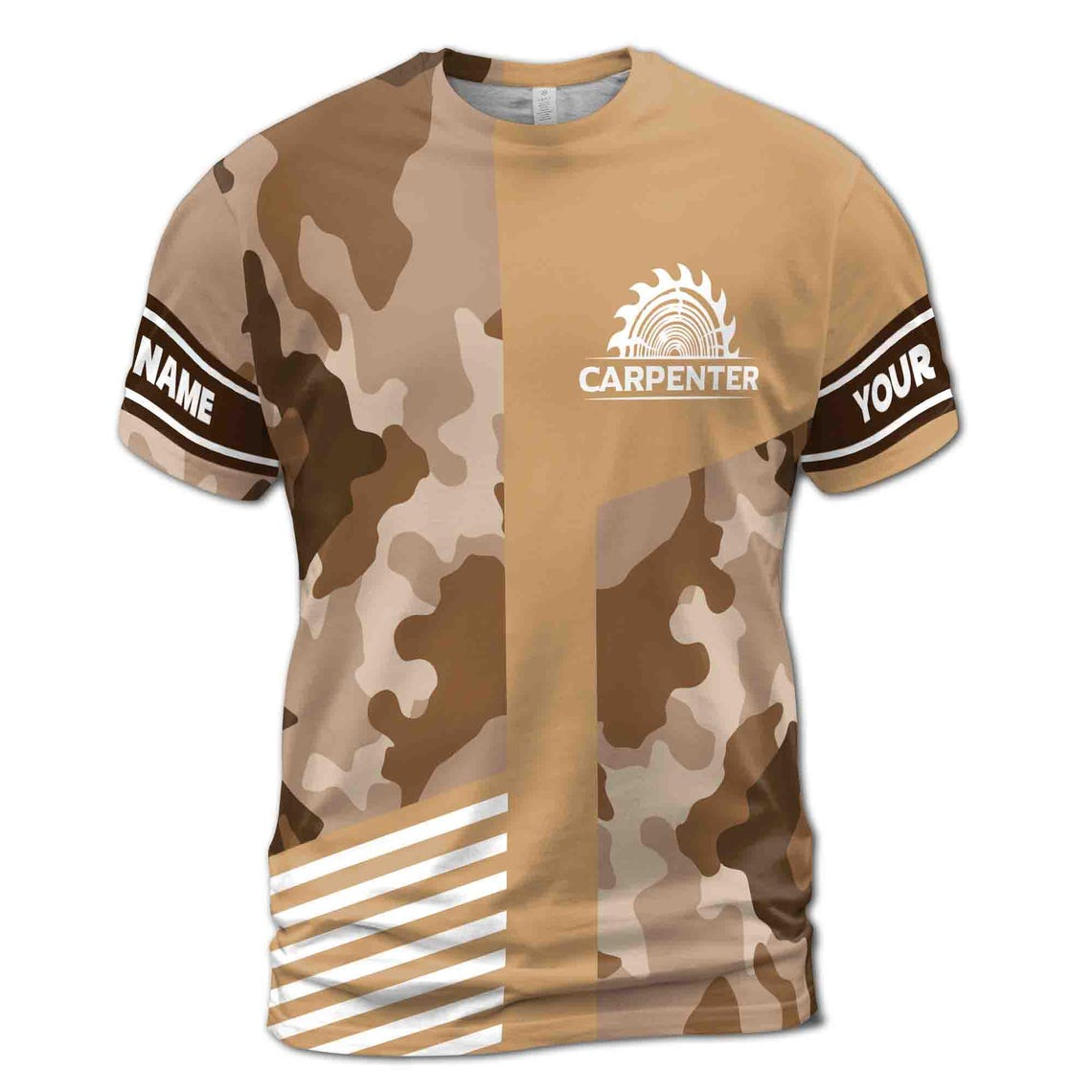 Customize Name Carpenter Saw Woodworking Industrial Art Camo Pattern Brown 3D T-Shirt (S-5XL)