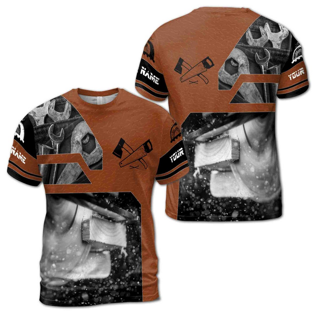 Customize Name Carpenter Saw Axe Woodworking Leather Pattern Brown Black White 3D T-Shirt (S-5XL)