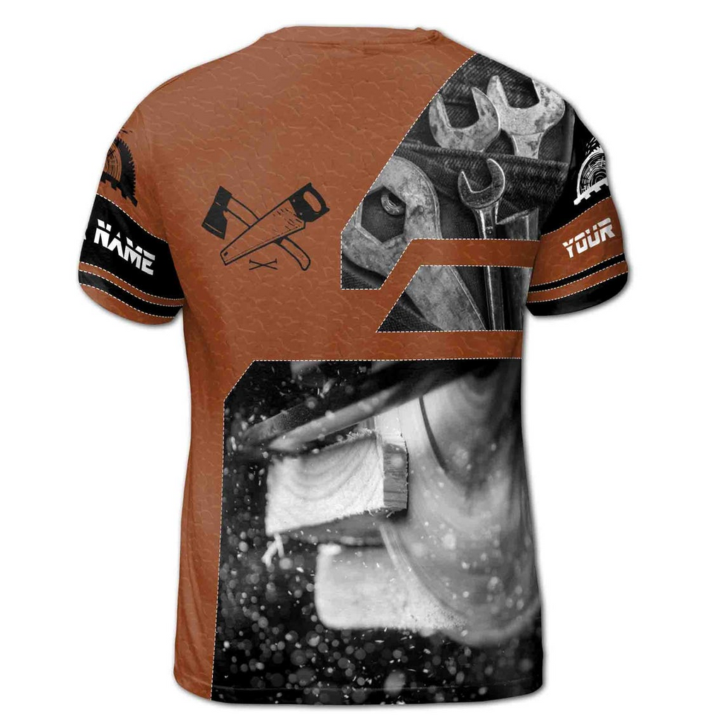 Customize Name Carpenter Saw Axe Woodworking Leather Pattern Brown Black White 3D T-Shirt (S-5XL)