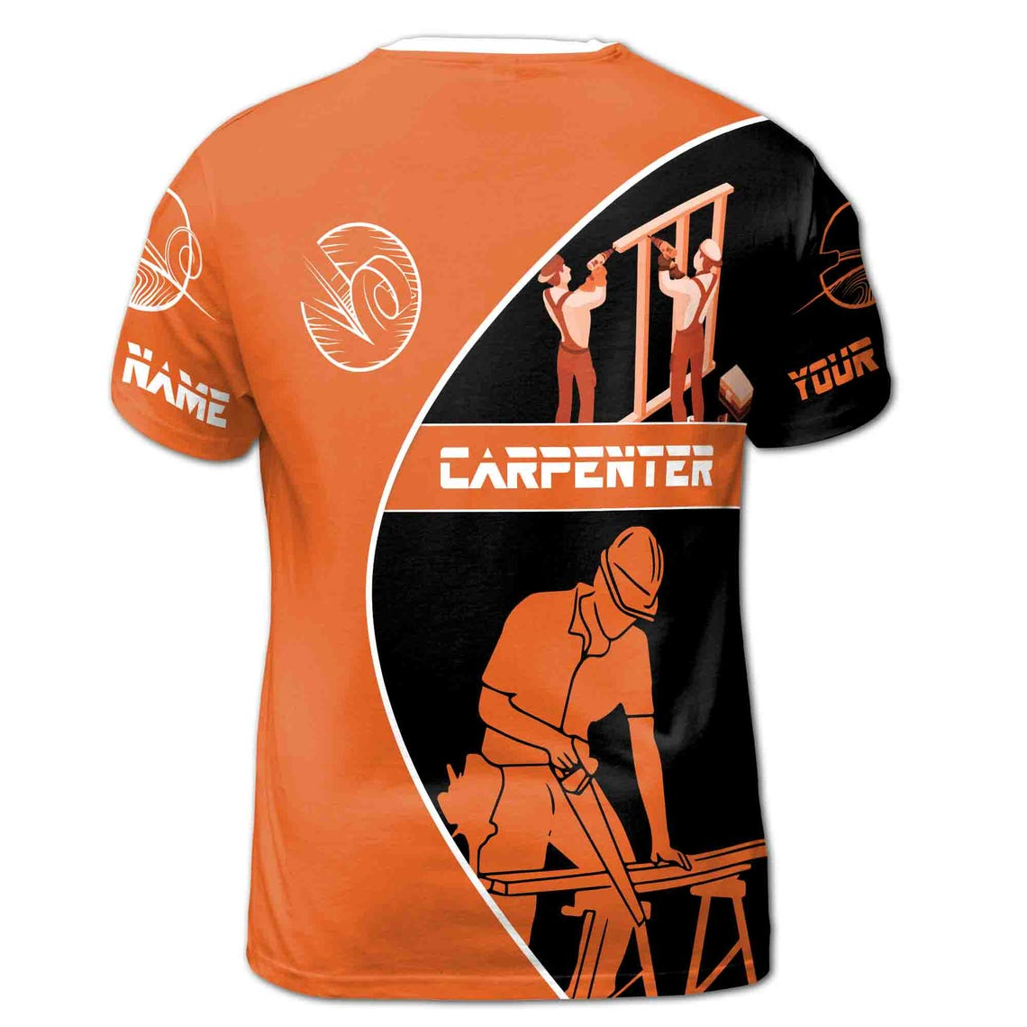 Customize Name Carpenter Woodworking Construction Pattern Black Orange 3D T-Shirt (S-5XL)