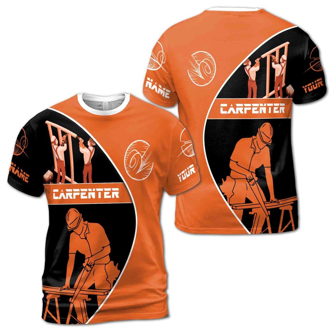 Customize Name Carpenter Woodworking Construction Pattern Black Orange 3D T-Shirt (S-5XL)