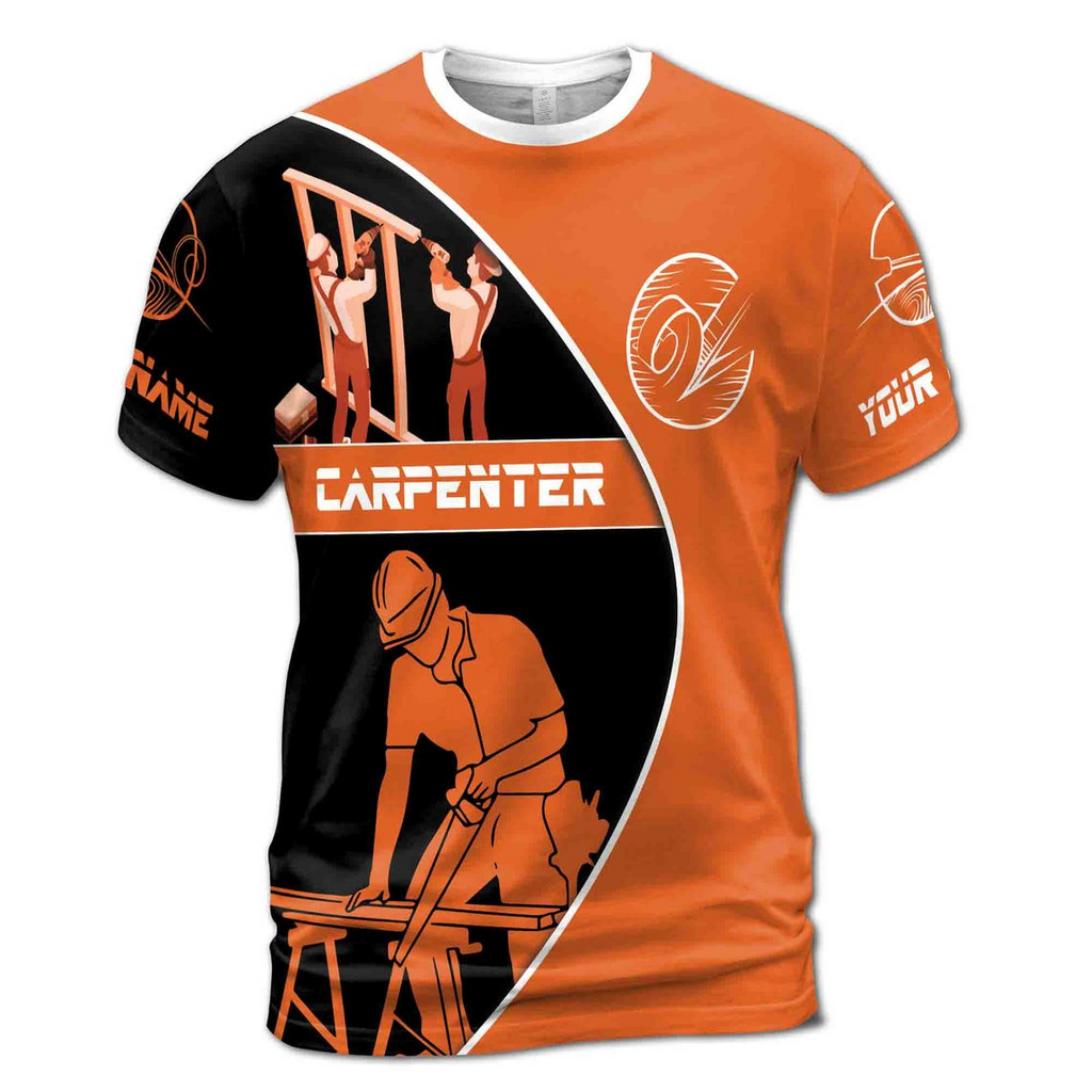 Customize Name Carpenter Woodworking Construction Pattern Black Orange 3D T-Shirt (S-5XL)