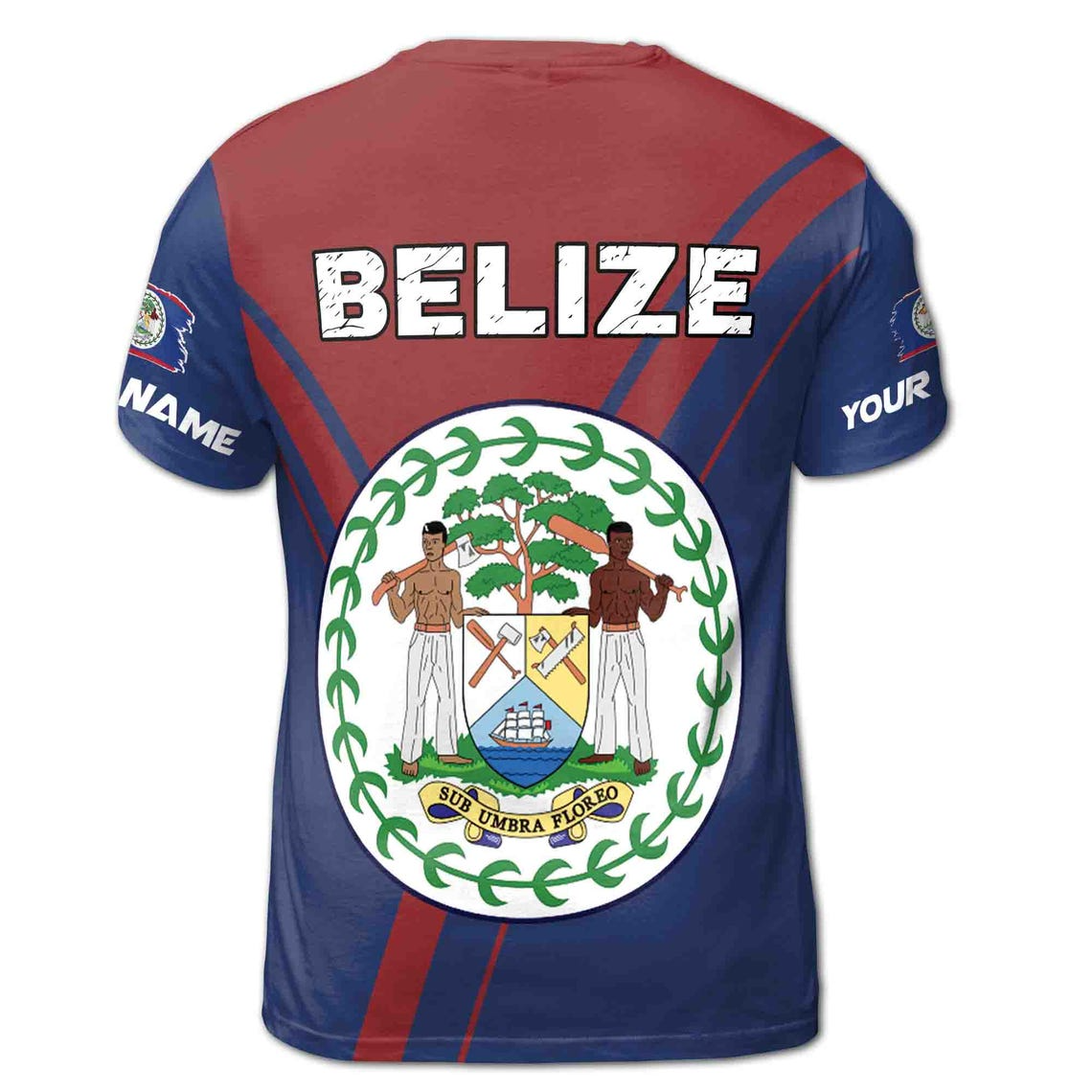 Customize Name Belize Flag Coat Of Arms Red Blue 3D T-Shirt (S-5XL)