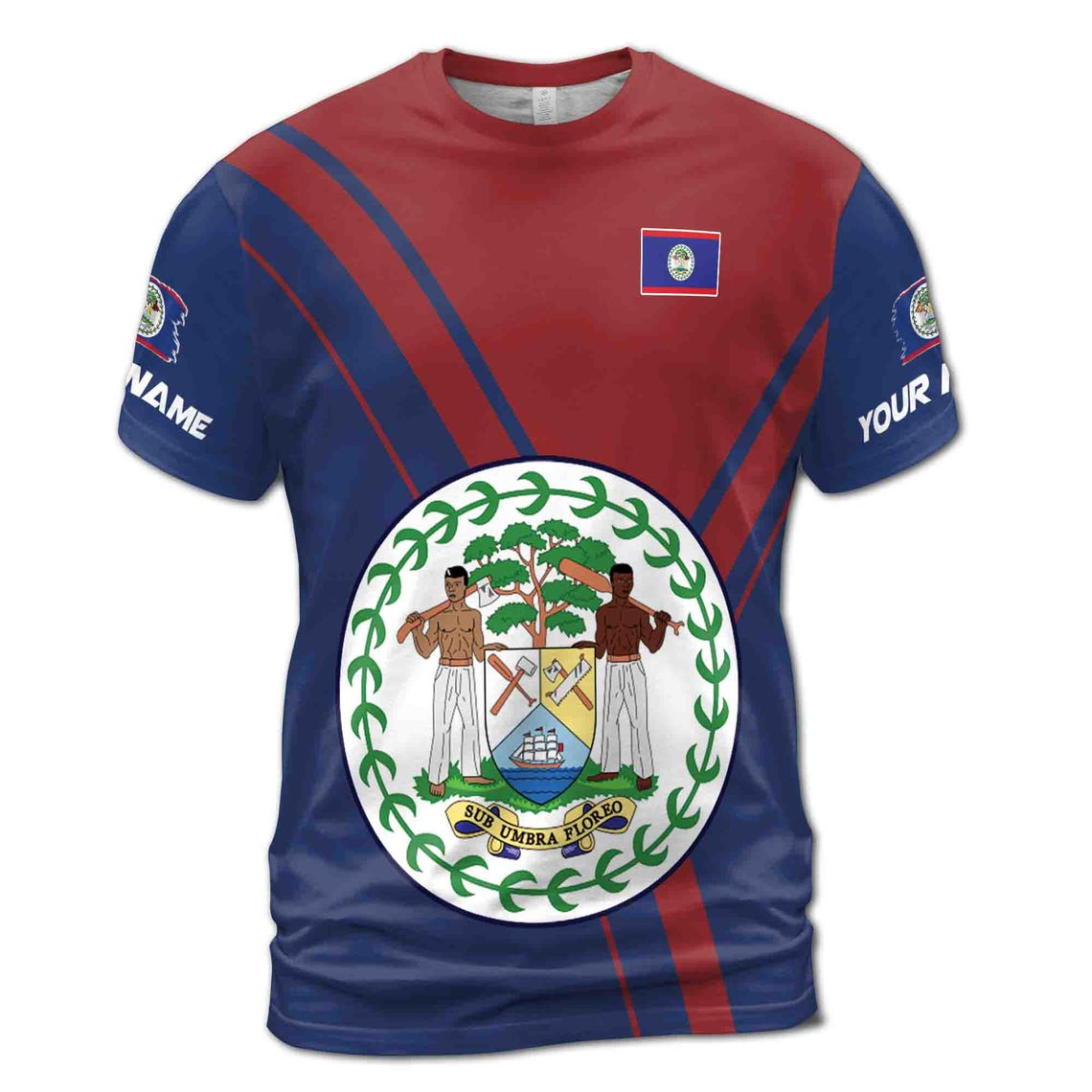 Customize Name Belize Flag Coat Of Arms Red Blue 3D T-Shirt (S-5XL)