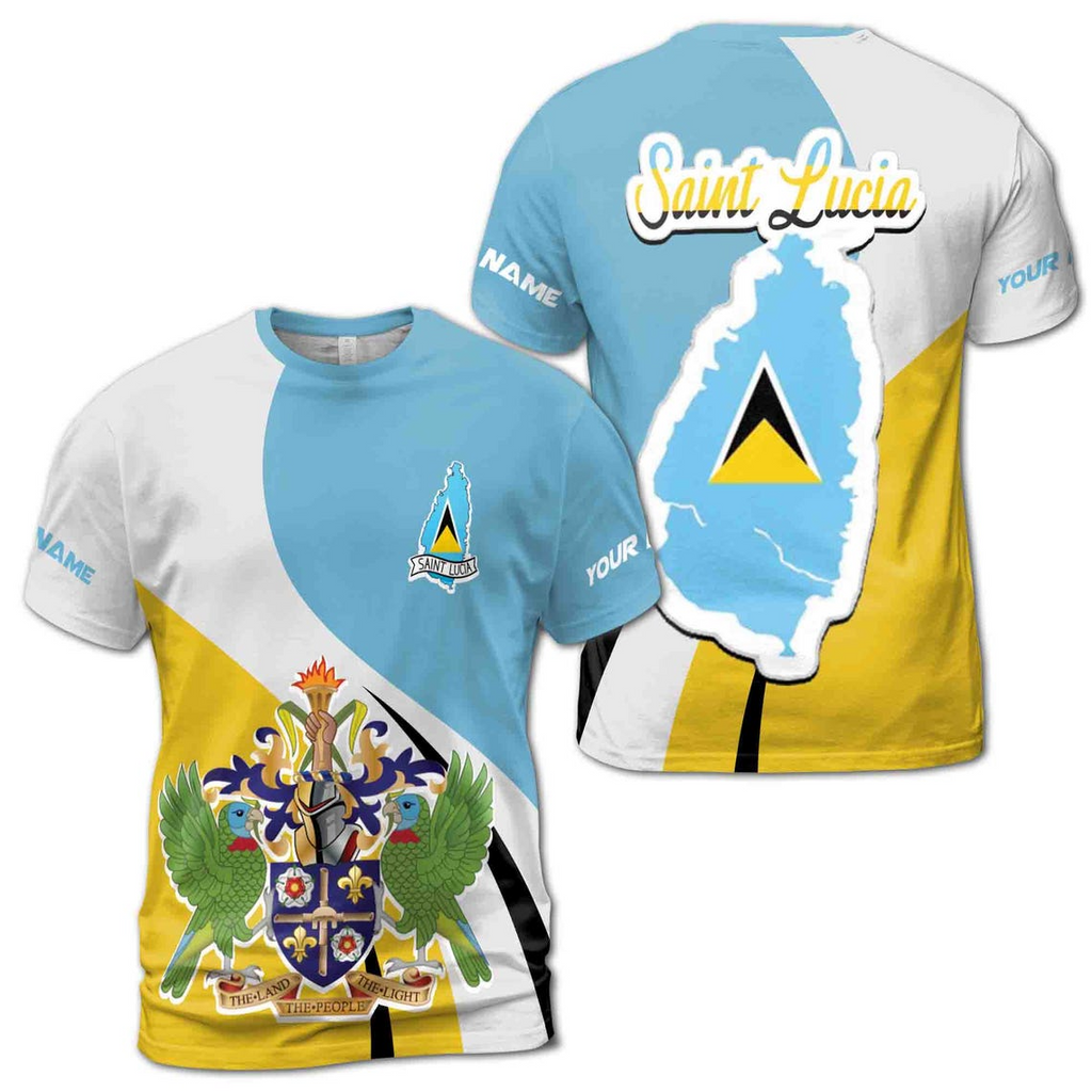 Customize Name Saint Lucia Flag The Land The People The Light Blue White Yellow 3D T-Shirt (S-5XL)