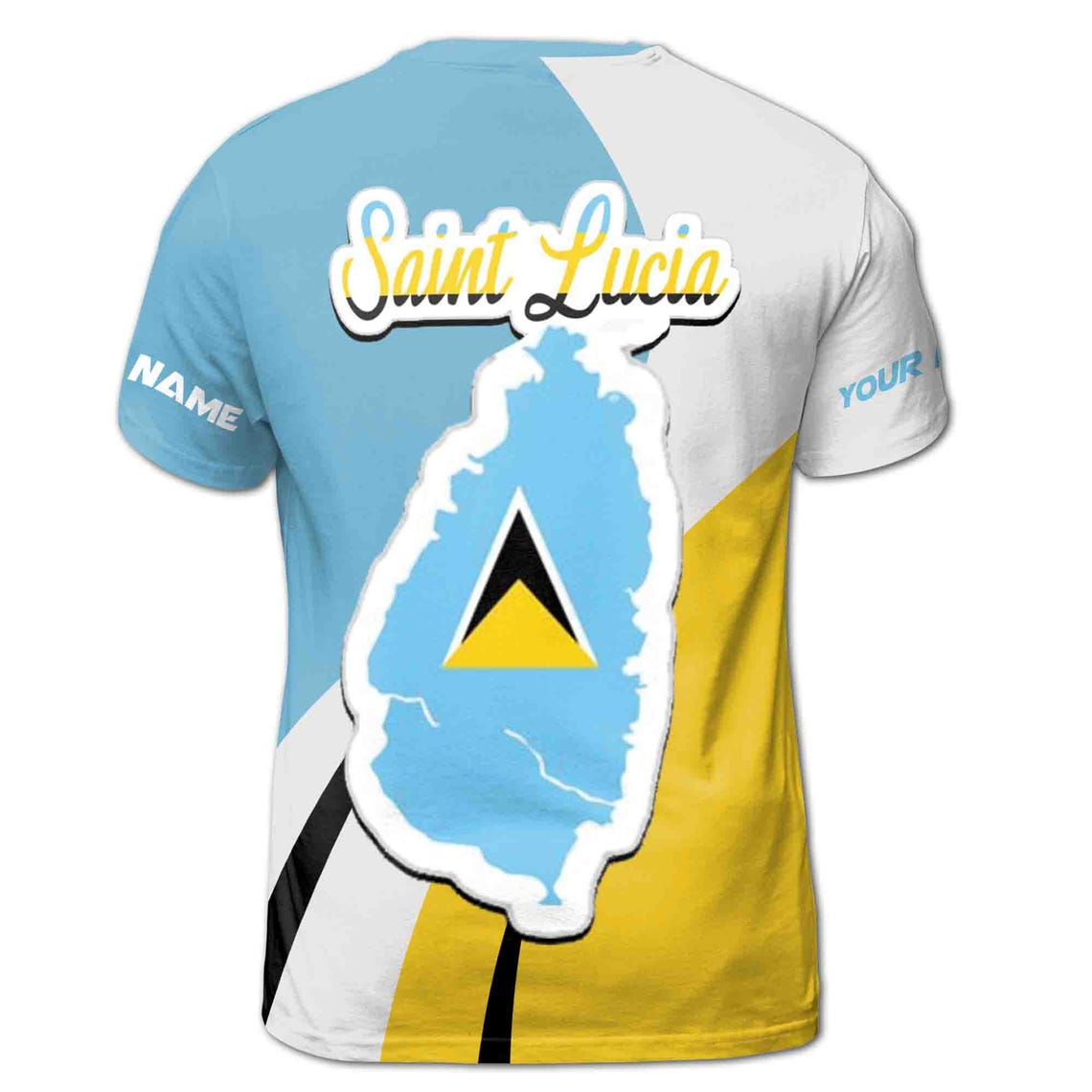 Customize Name Saint Lucia Flag The Land The People The Light Blue White Yellow 3D T-Shirt (S-5XL)