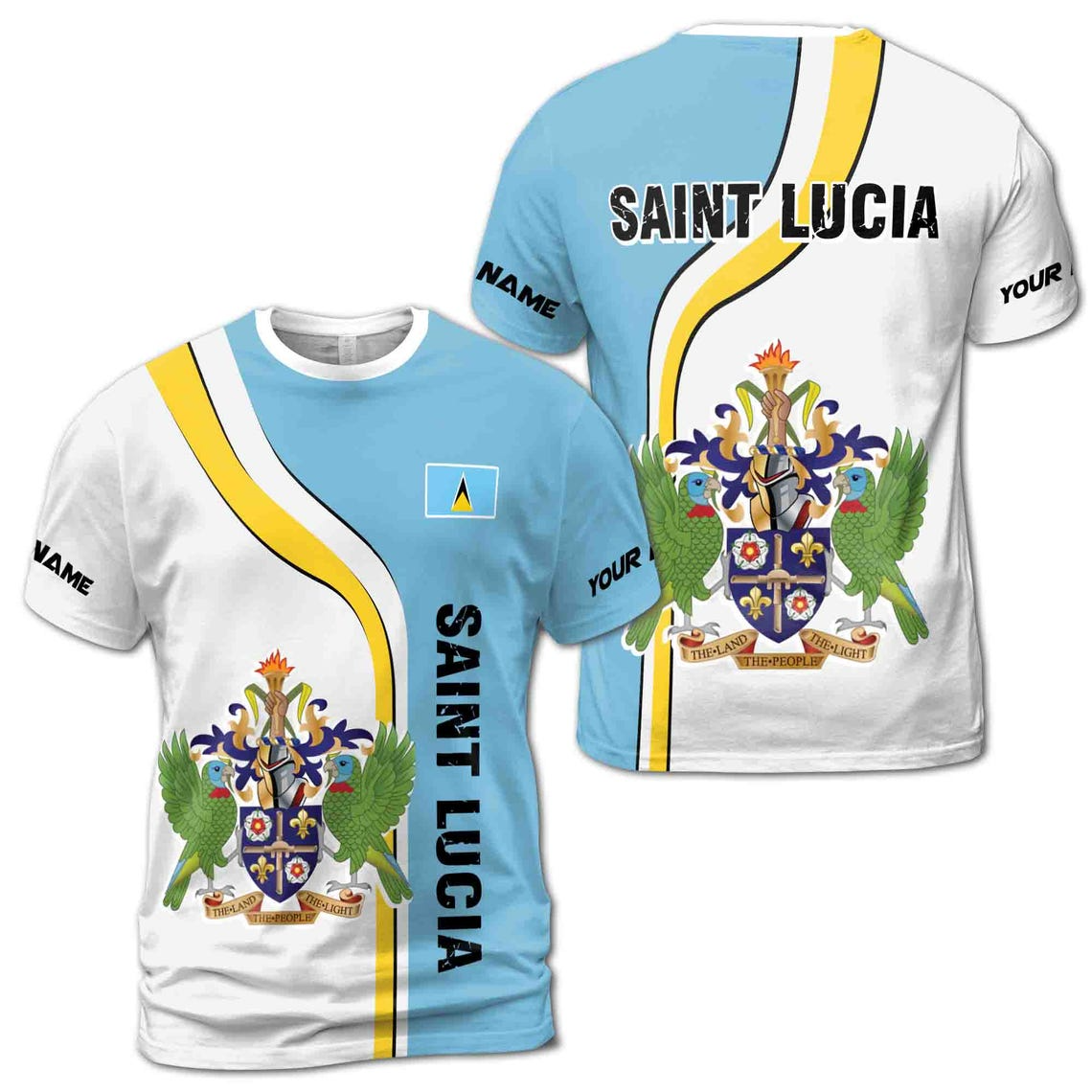 Customize Name Saint Lucia Flag The Land People The Light Blue White 3D T-Shirt S-5XL