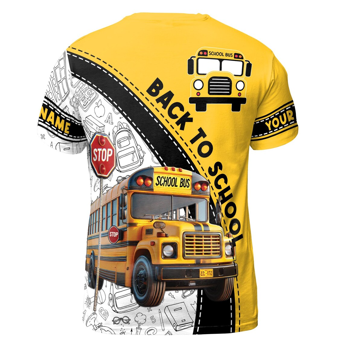 Custom Name Back To School Bus T-Shirt: Sewing Lines Pattern 3D (S-5XL)