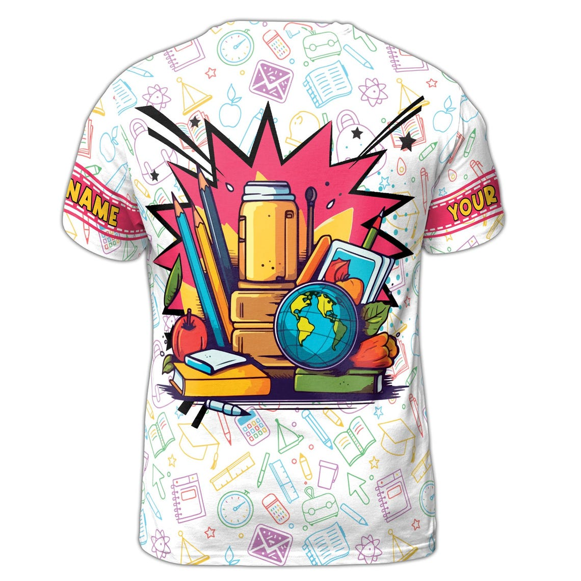 Customize Name Back To School Student Items Fun Cartoon Style White 3D T-Shirt S-5XL