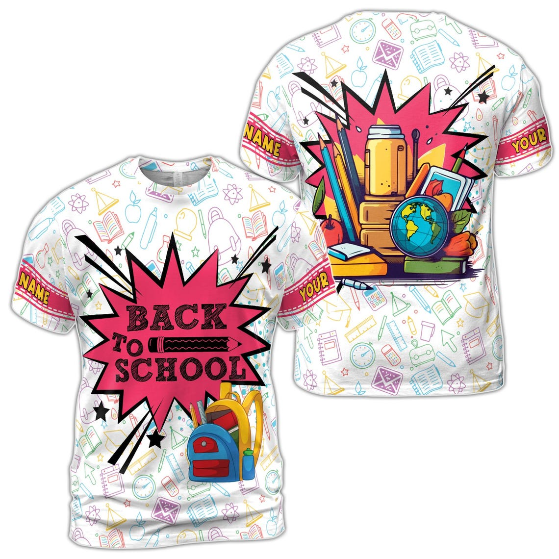 Customize Name Back To School Student Items Fun Cartoon Style White 3D T-Shirt S-5XL