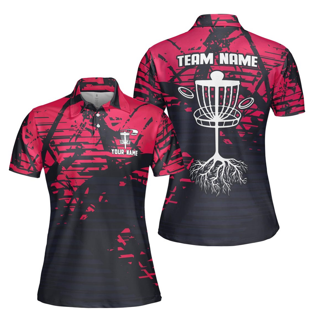 Customize Team Name Disc Golf Tree Roots Sport Black Red Women's Polo Shirt S-5XL