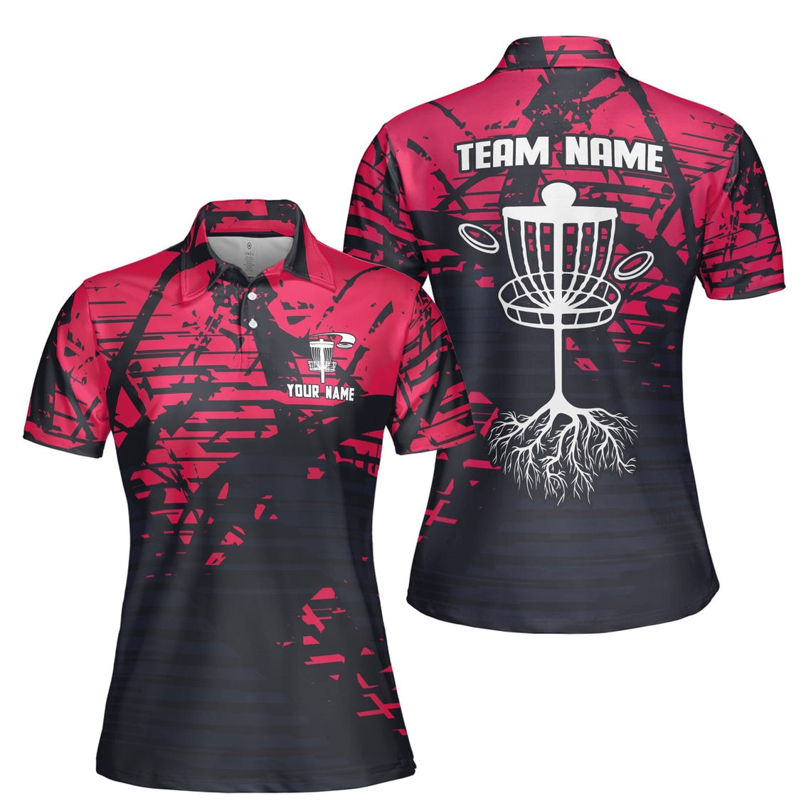Customize Team Name Disc Golf Tree Roots Sport Black Red Women's Polo Shirt S-5XL