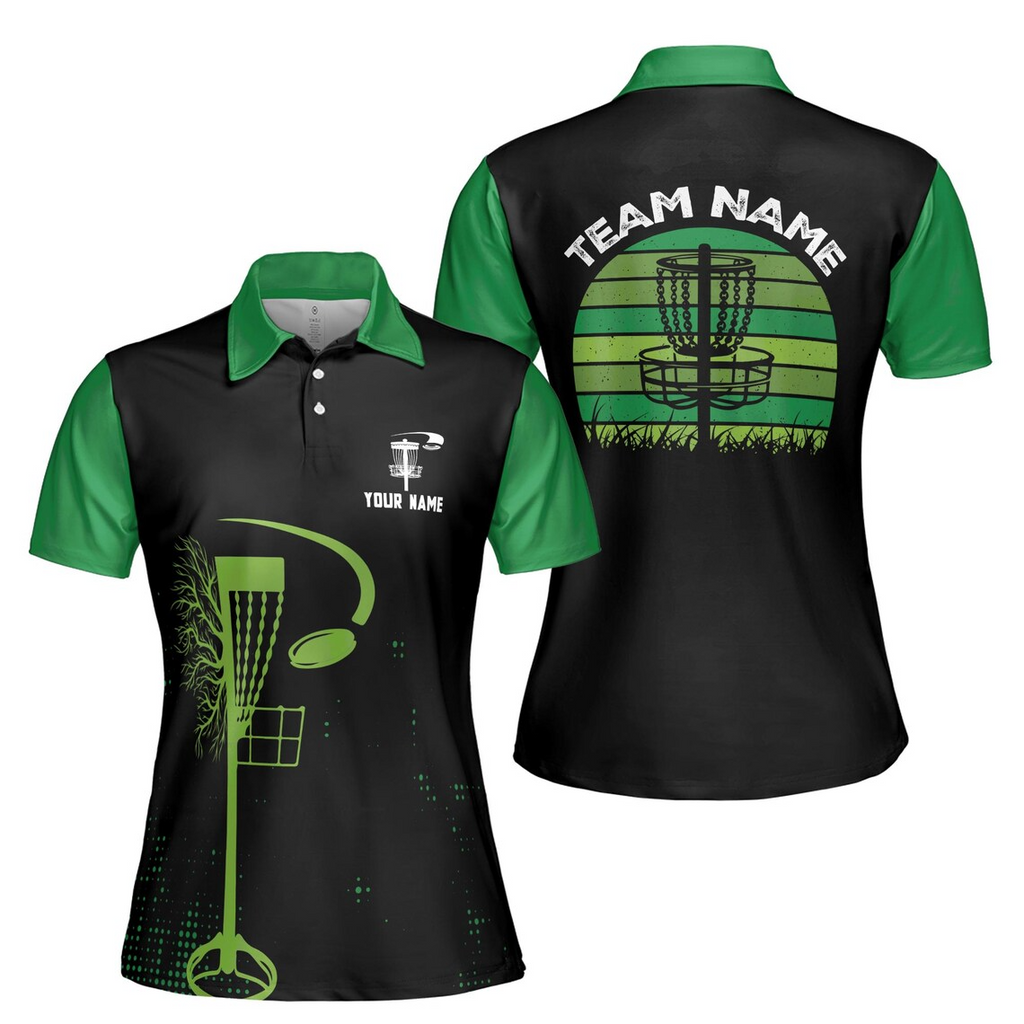 Customize Team Name Disc Golf Sun Grasses Sport Black Green Women's Polo Shirt (S-5XL)