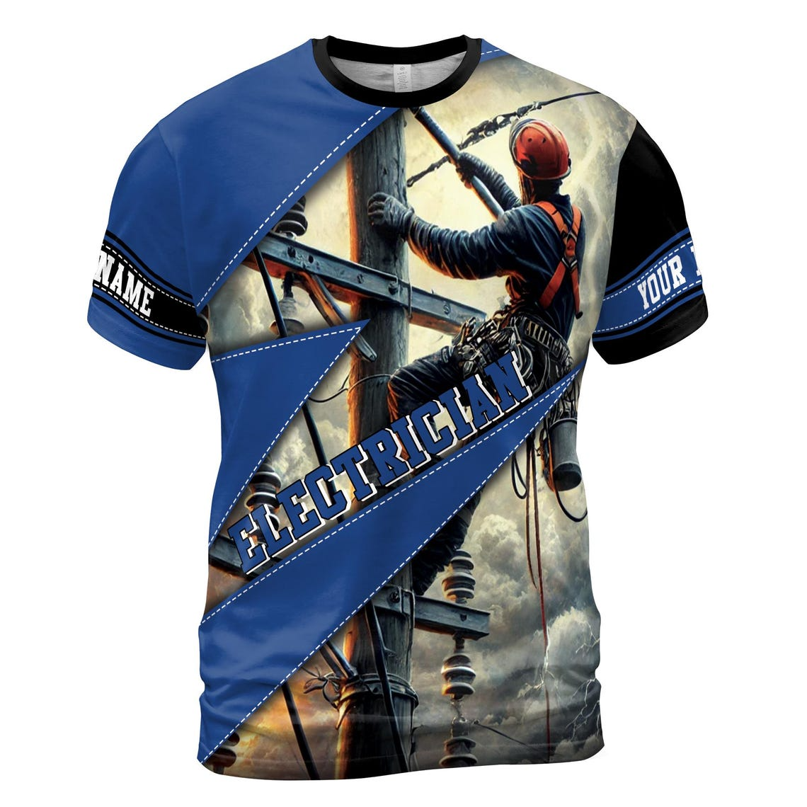 Customize Name Electrician Industrial Art Sewing Lines Pattern Blue 3D T-Shirt (S-5XL)