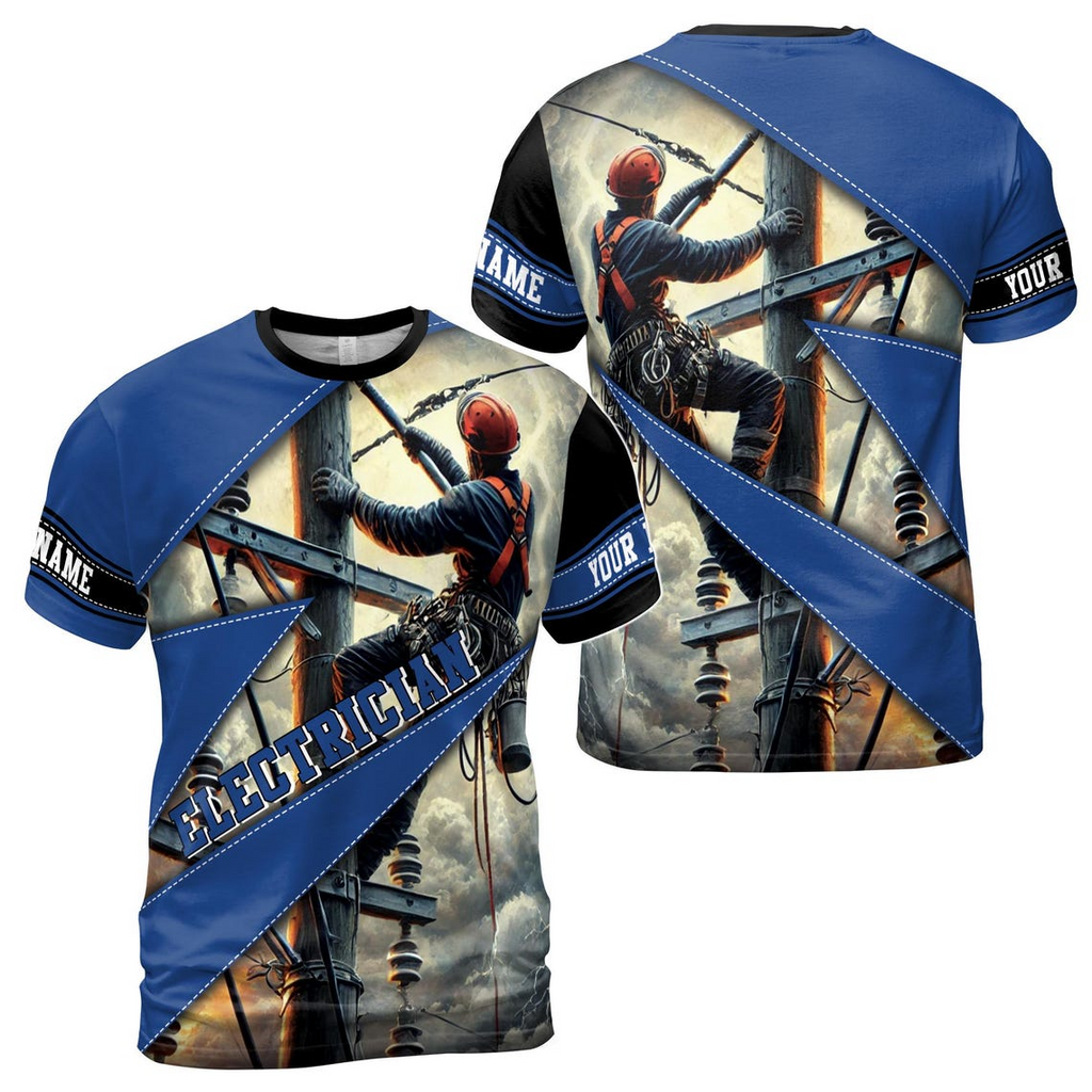 Customize Name Electrician Industrial Art Sewing Lines Pattern Blue 3D T-Shirt (S-5XL)