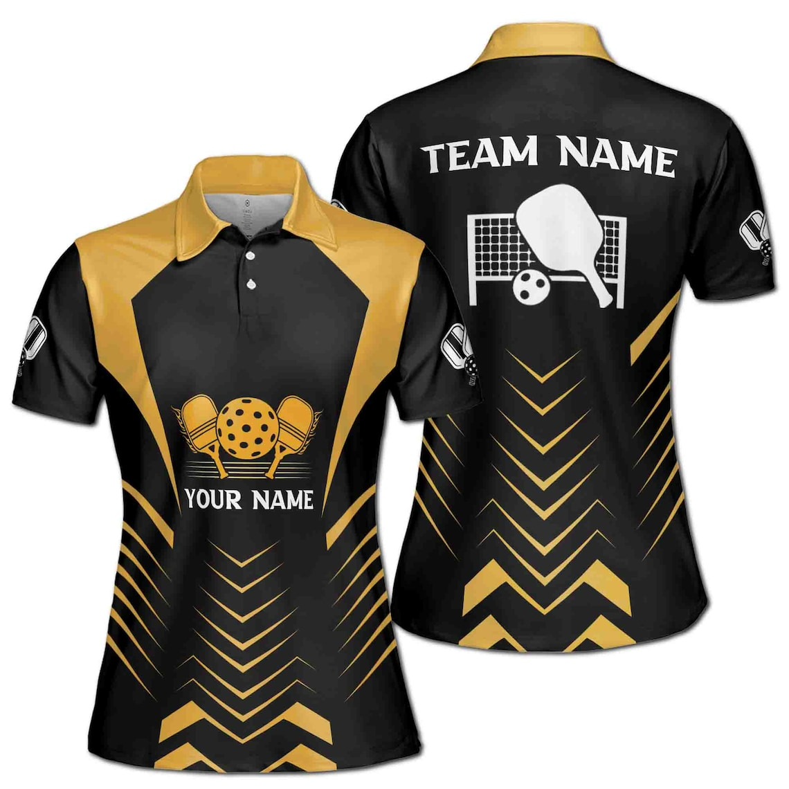 Customize Team Name Pickleball Net Black Gold Women's Polo Shirt (S-5XL)