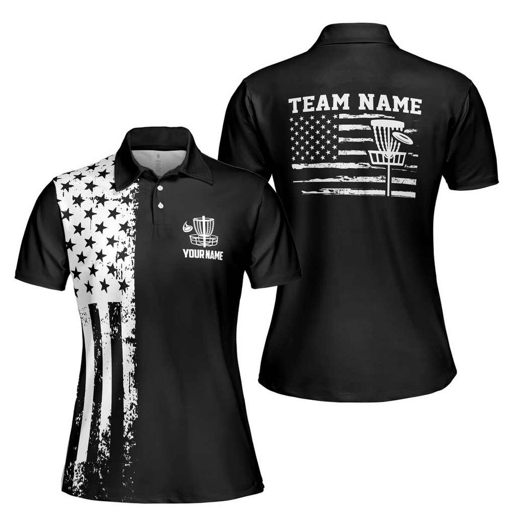Customize Team Name Disc Golf American Flag Black White Women's Polo Shirt (S-5XL)