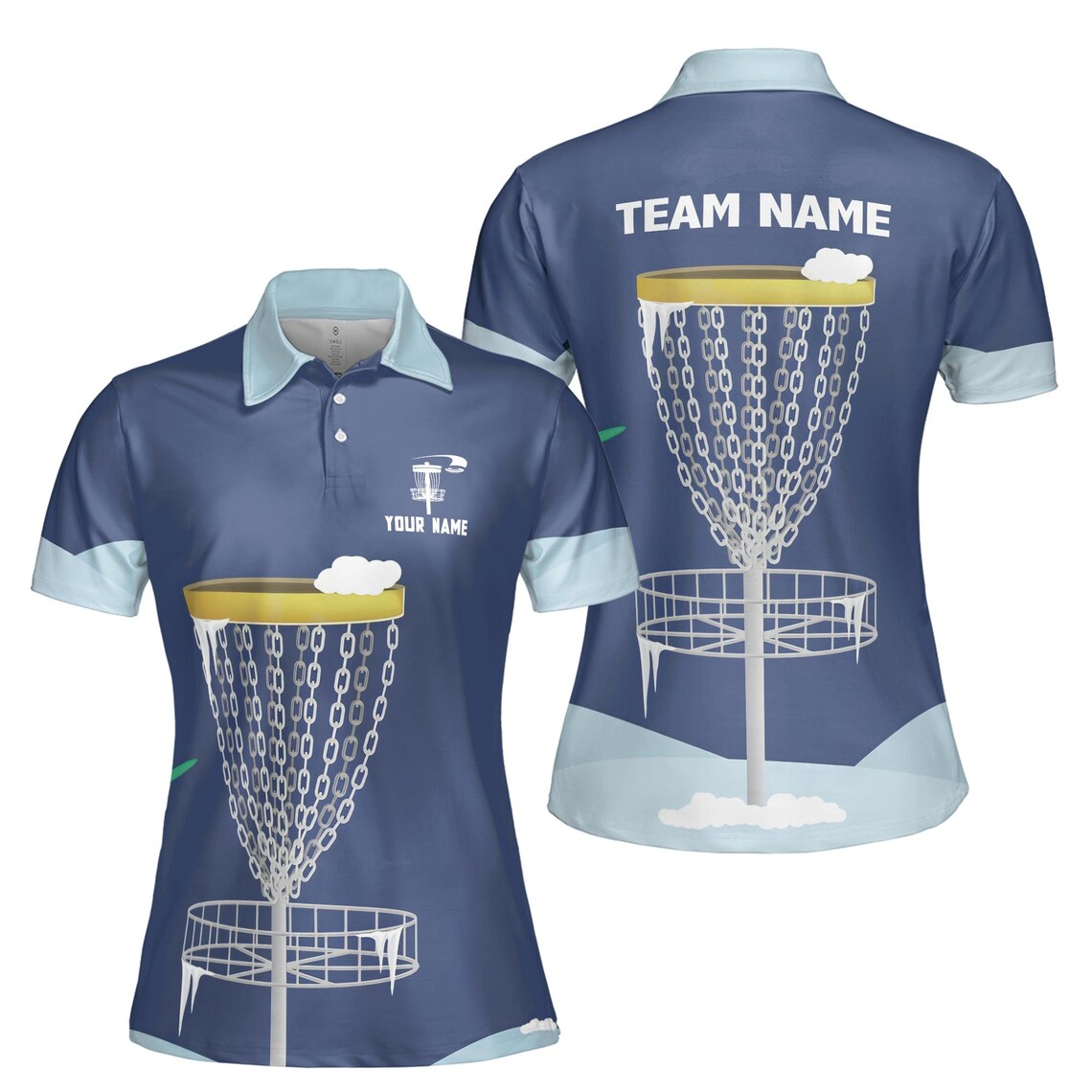 Customize Team Name Disc Golf Sport Snow Cloud Design Blue Women's Polo Shirt (S-5XL)