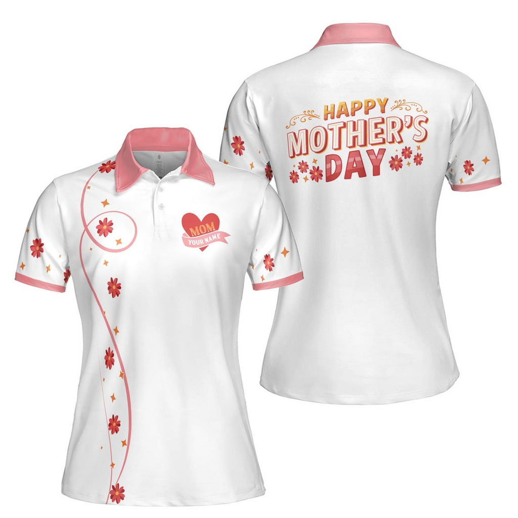 Customize Name Mom Heart Flowers Stars Maternal Love White Women's Polo Shirt (S-5XL)