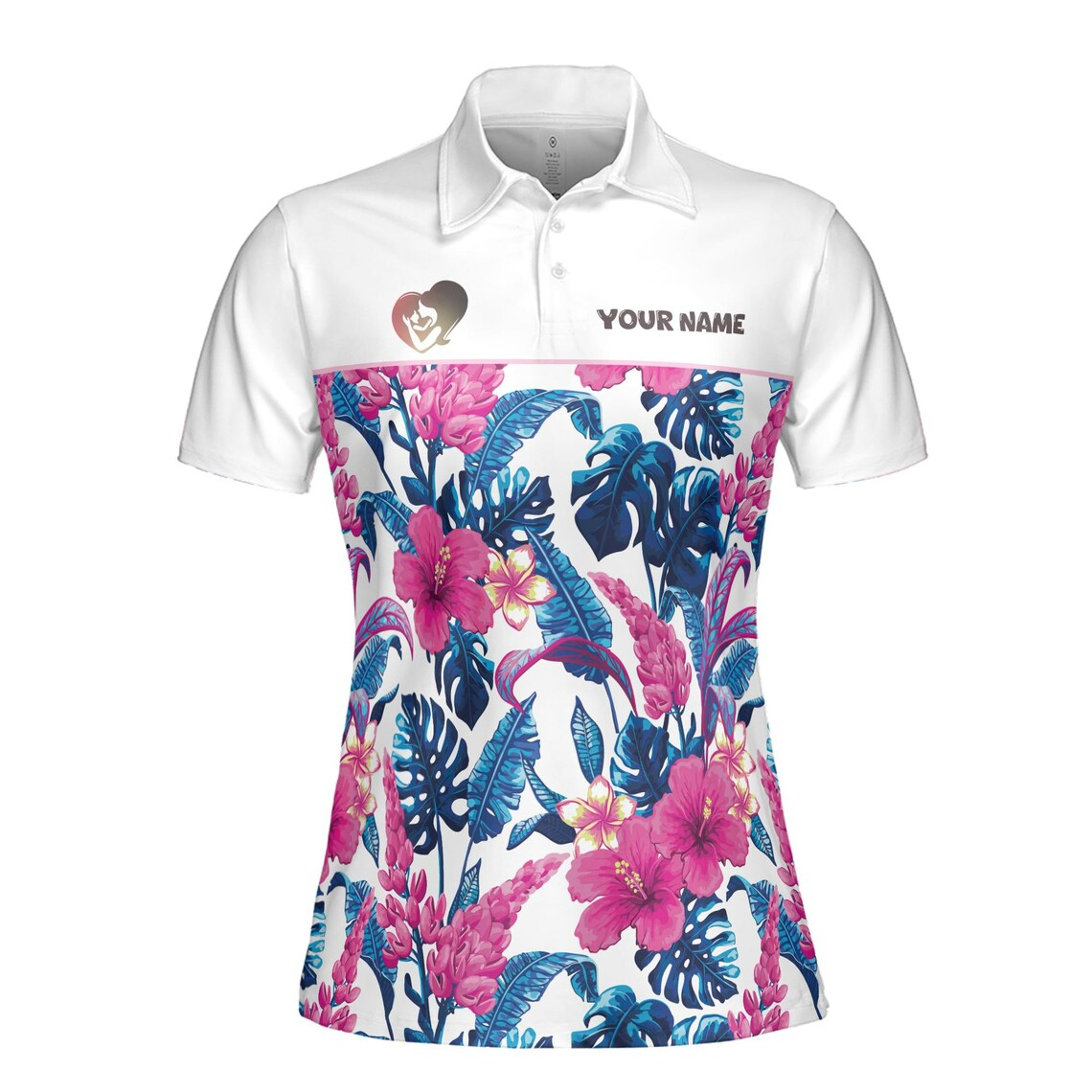 Customize Name Mom Baby Hearts Floral Pattern White Women's Polo Shirt (S-5XL)