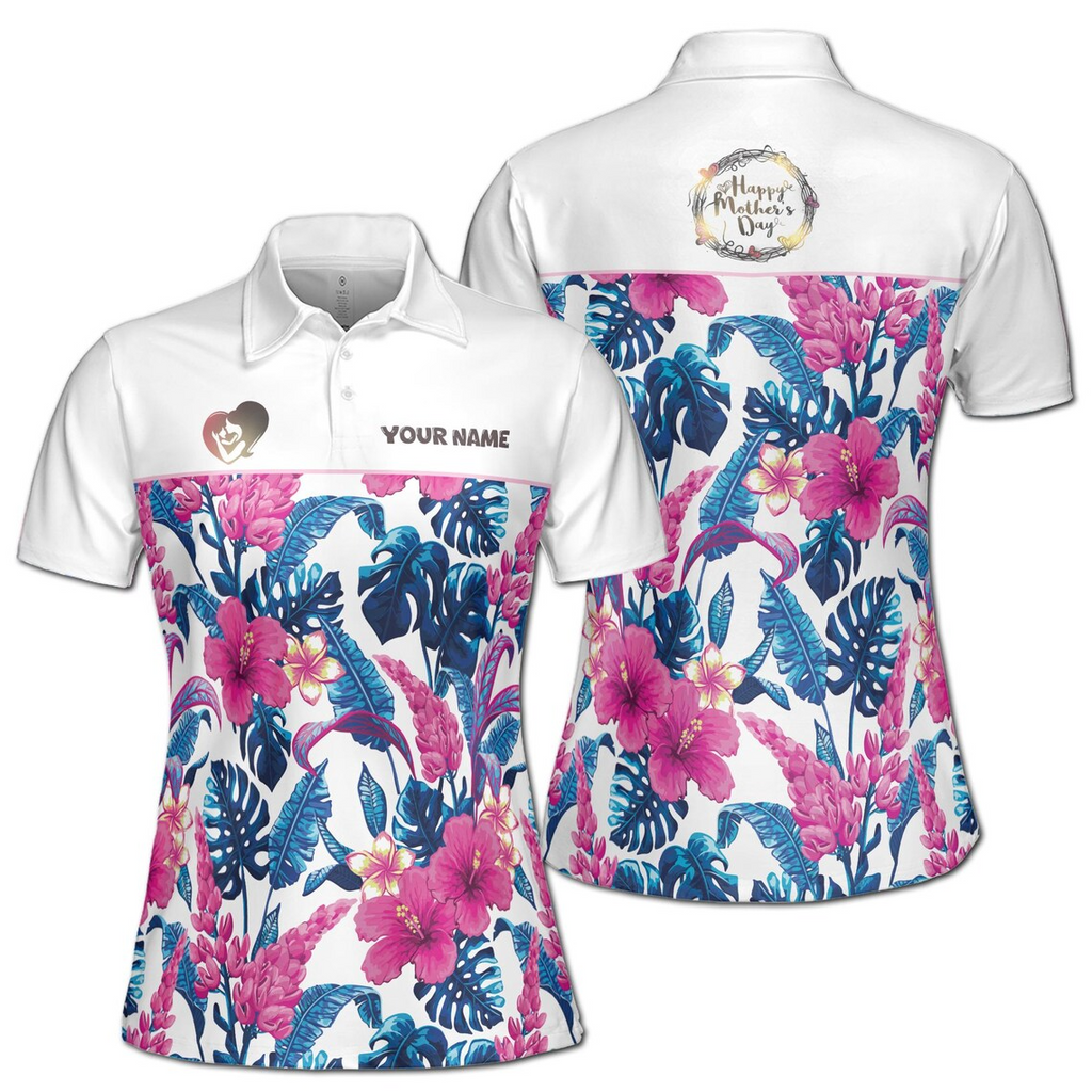 Customize Name Mom Baby Hearts Floral Pattern White Women's Polo Shirt (S-5XL)