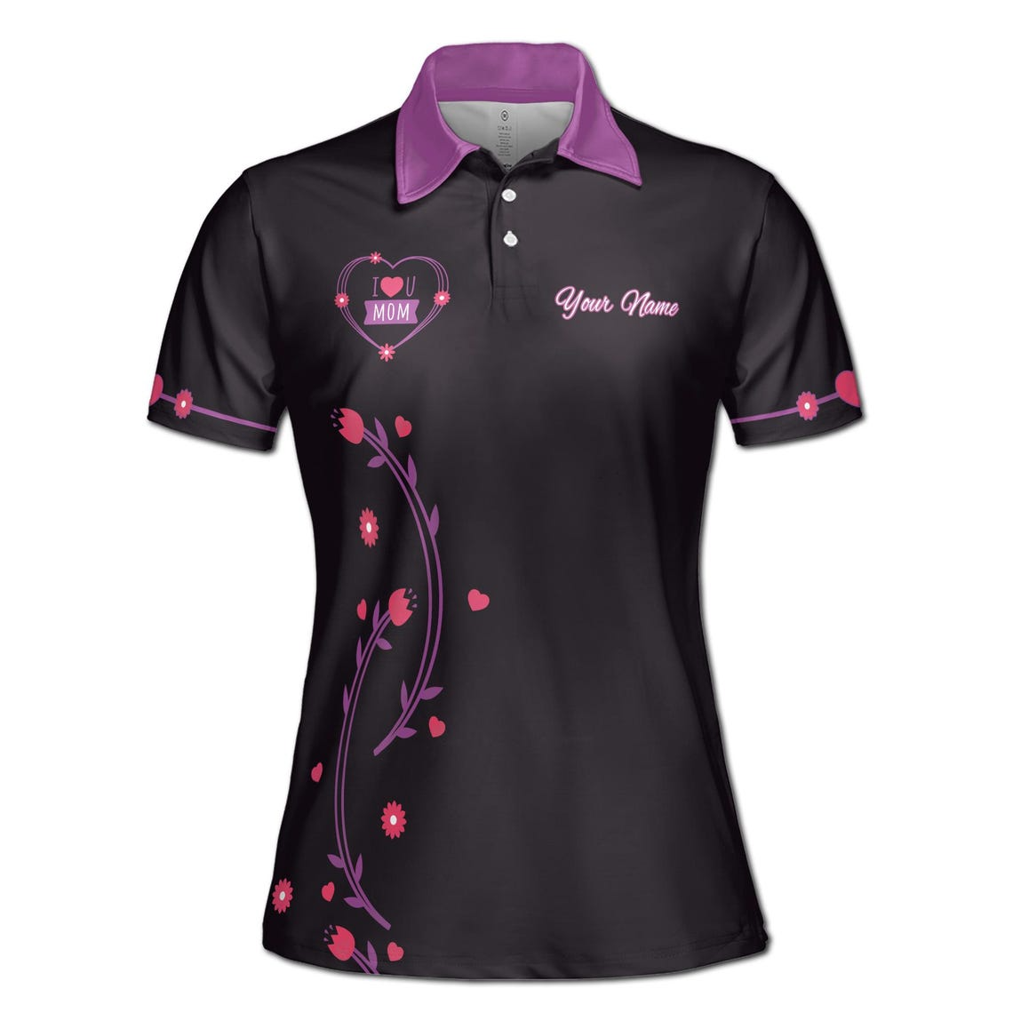 Customize Name Mom Quote Hearts Floral Pattern Black Purple Women's Polo Shirt (S-5XL)