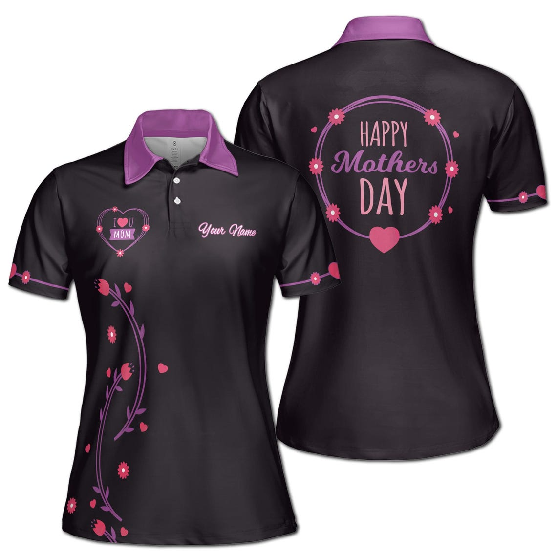 Customize Name Mom Quote Hearts Floral Pattern Black Purple Women's Polo Shirt (S-5XL)