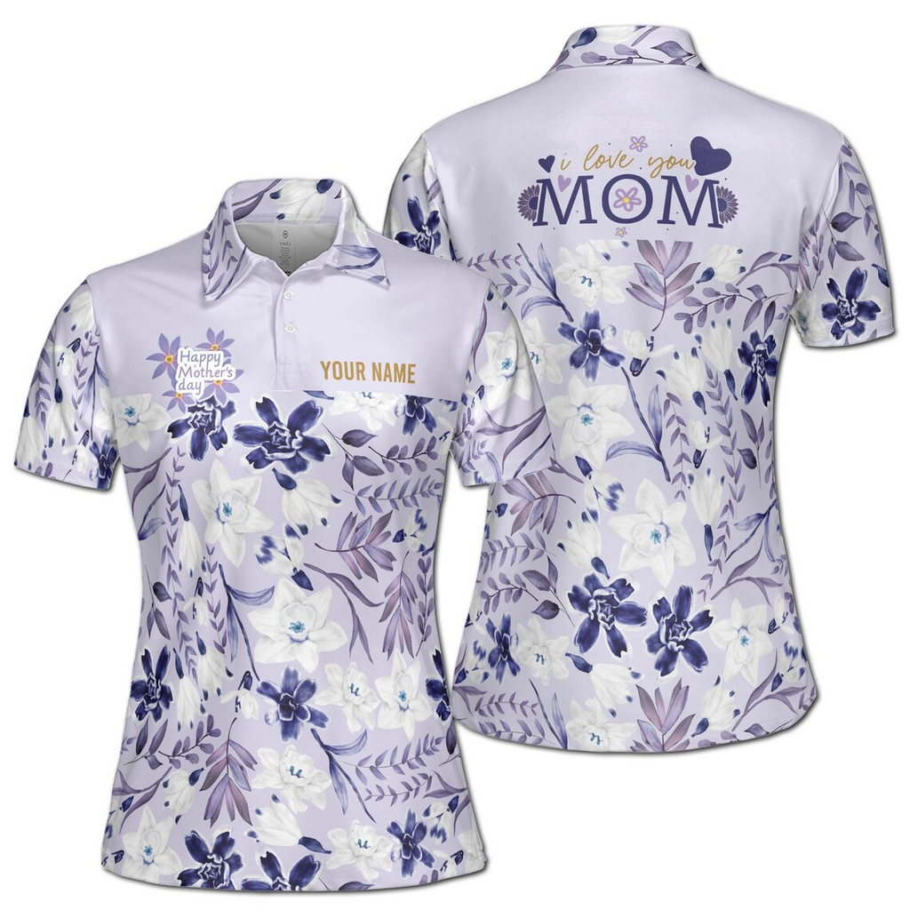 Personalized Mom Polo Shirt: Purple Floral Print, Custom Quote