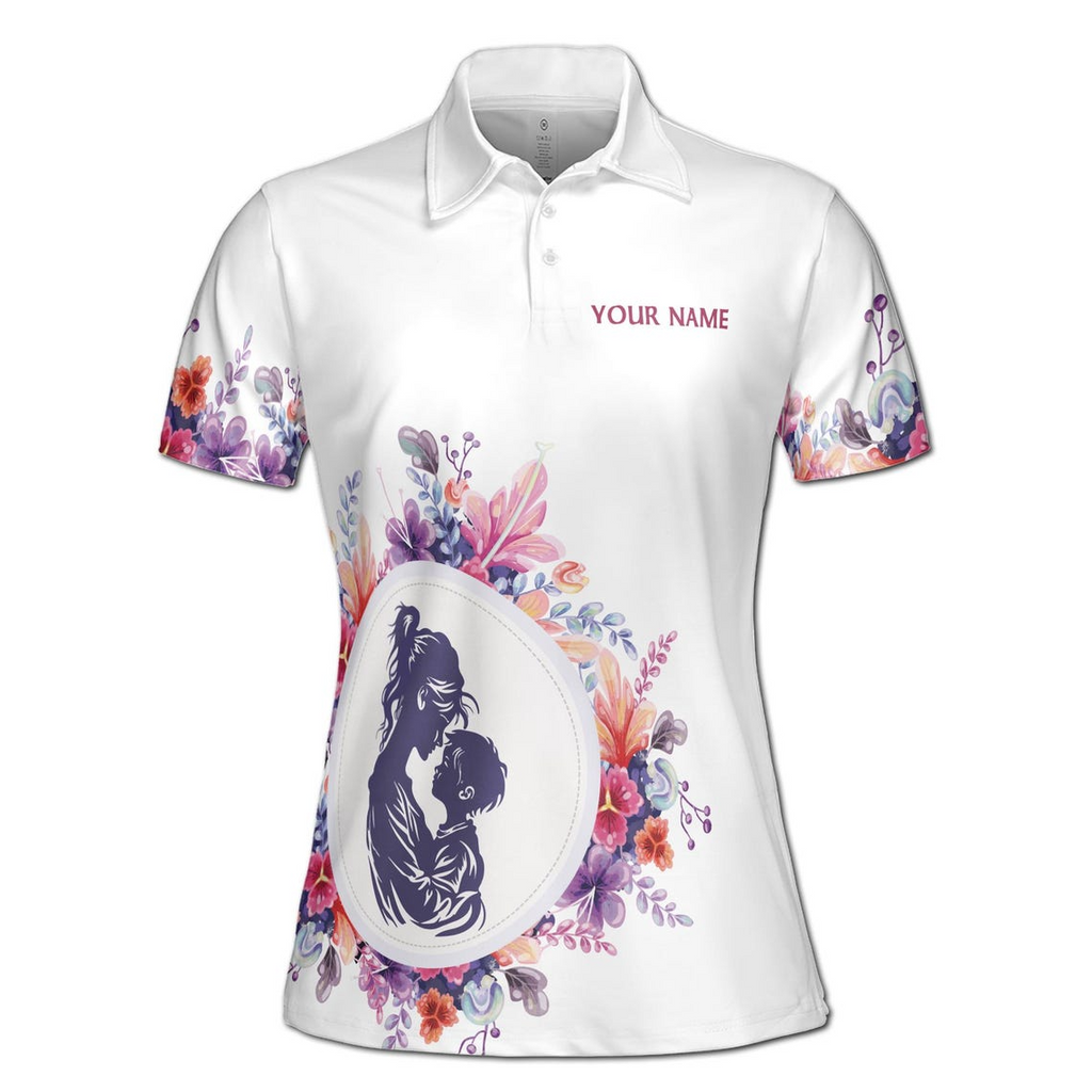 Customize Name Mother Child I Love You Mom Floral White Women's Polo Shirt (S-5XL)