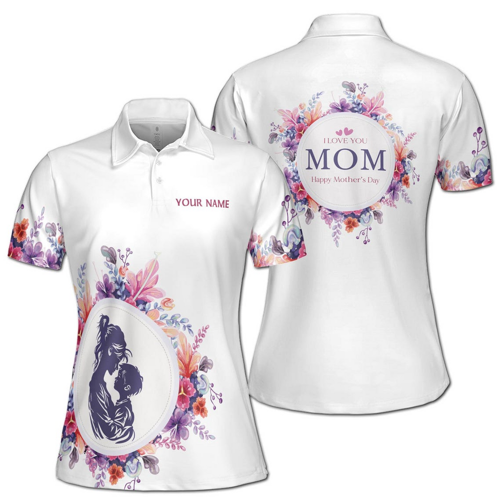 Customize Name Mother Child I Love You Mom Floral White Women's Polo Shirt (S-5XL)