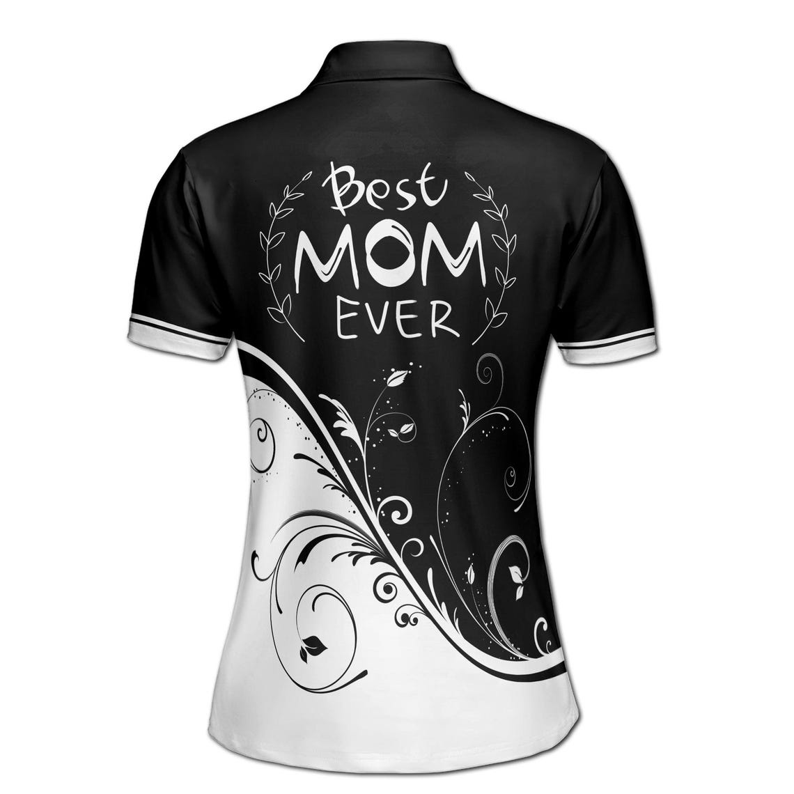 Personalized 'Best Mom Ever' Polo Shirt, Black & White Floral Design