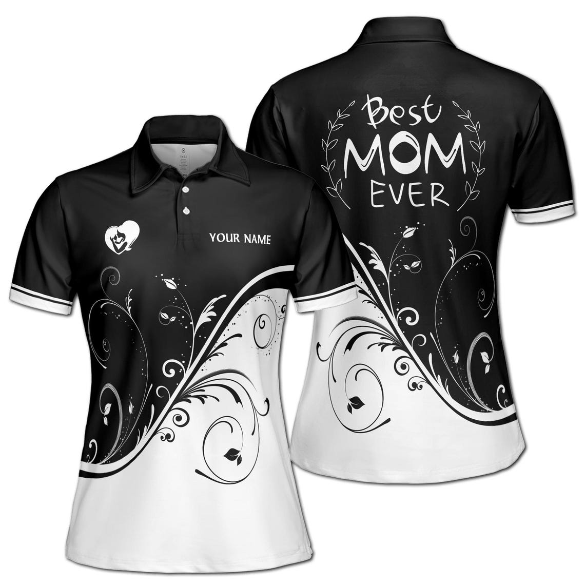Personalized 'Best Mom Ever' Polo Shirt, Black & White Floral Design