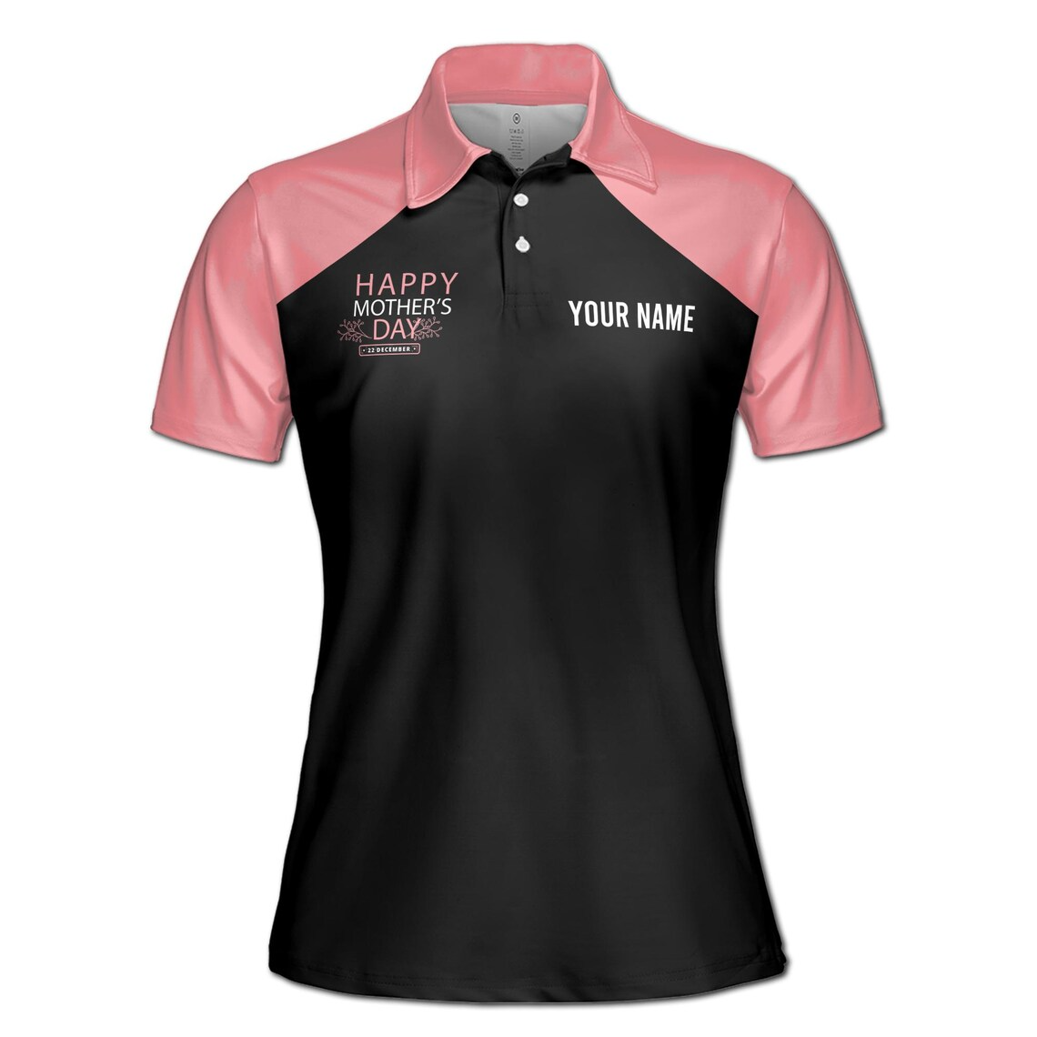 Customize Name Happy Mother Hearts Leaves Pattern Black Pink Women's Polo Shirt (S-5XL)