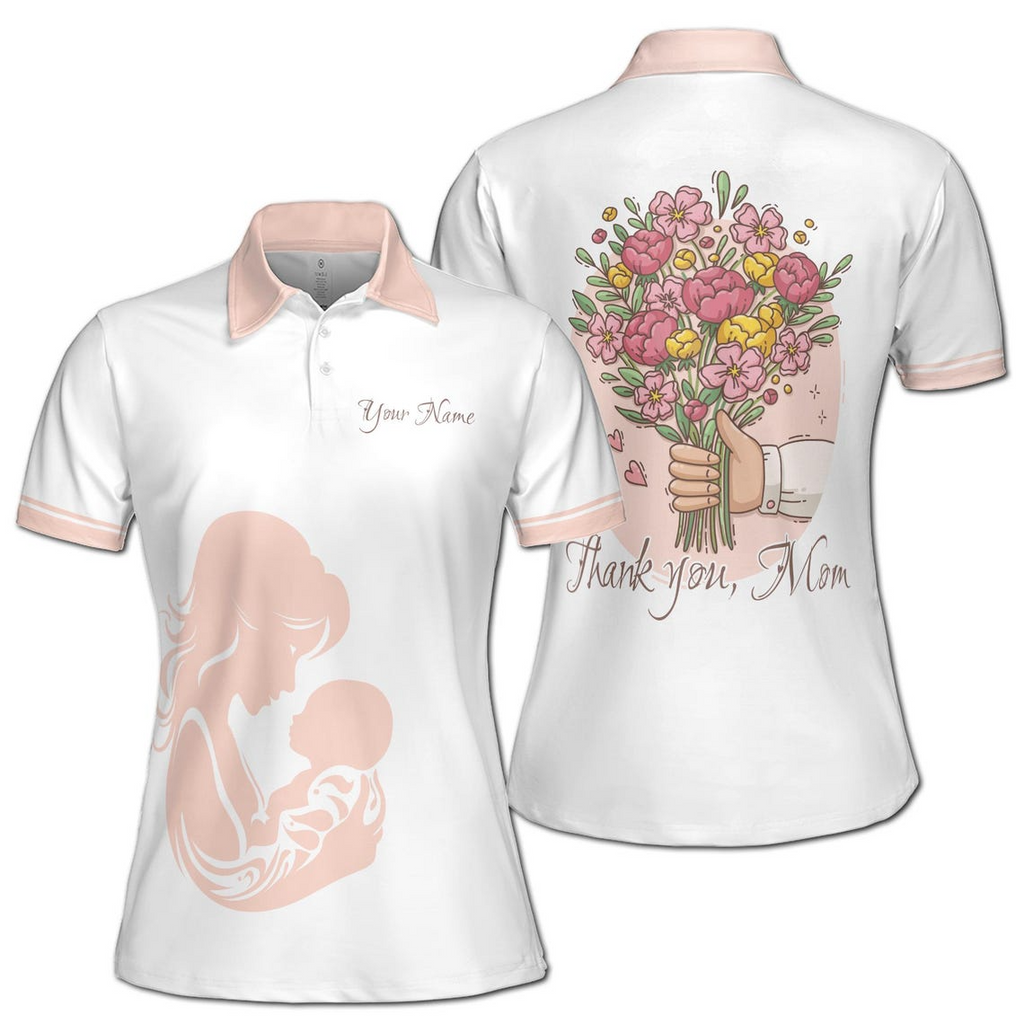 Customize Name Mom Quote Thank You Mom Flower Bouquet White Women's Polo Shirt (S-5XL)