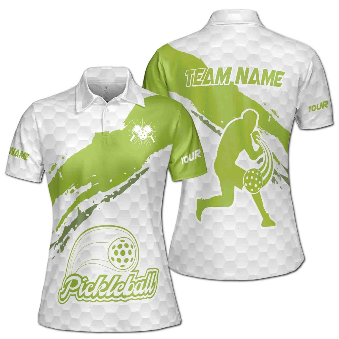 Customize Team Name Pickleball Player Paddle Green White Print Women's Polo Shirt (S-5XL)