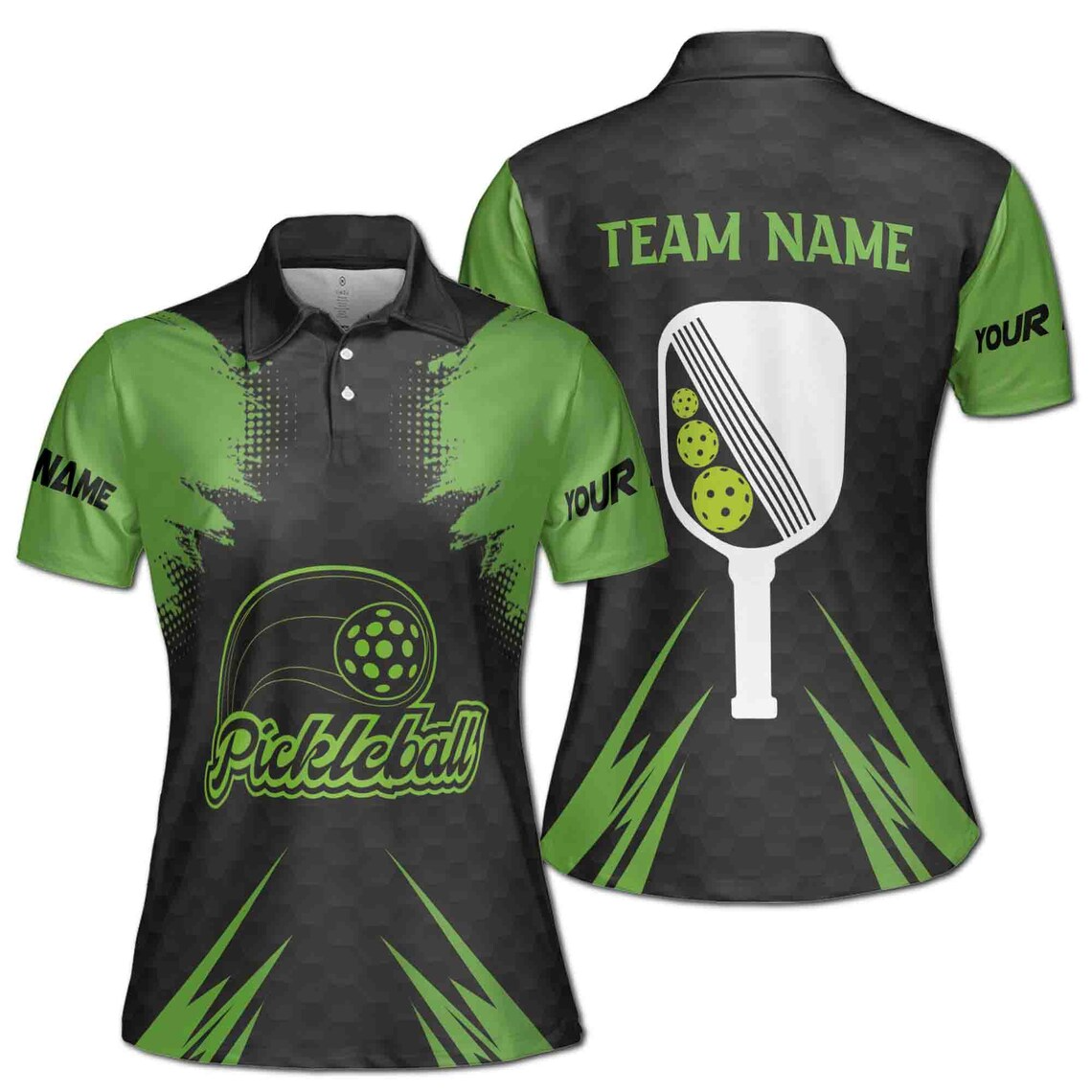 Customize Team Name Pickleball Paddle Paddle Black Green Women's Polo Shirt (S-5XL)