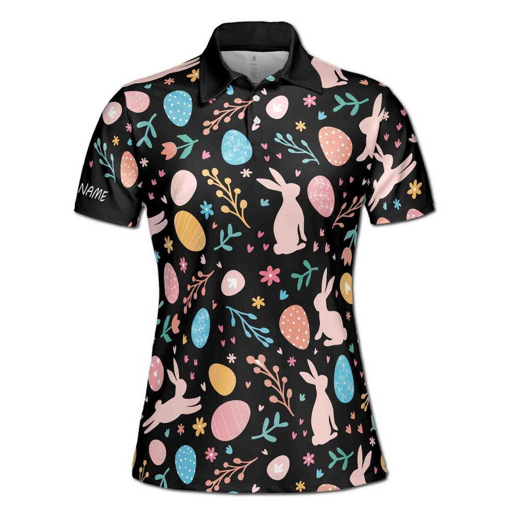Personalized Easter Polo Shirt, Rabbit & Egg Pattern, Women's Athletic Wear