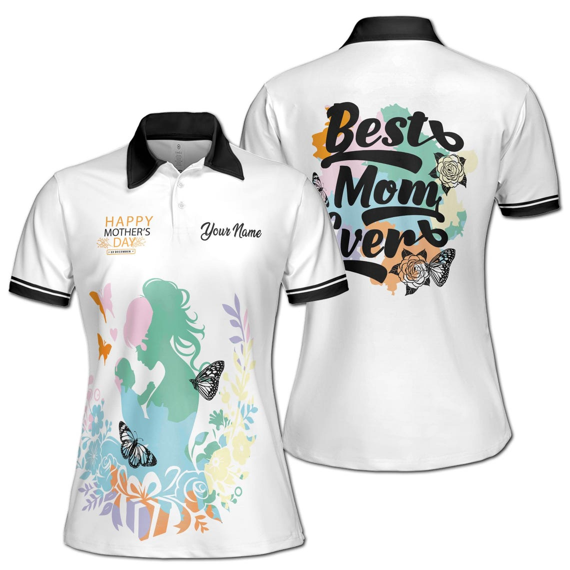 Customizable Mother's Day Polo Shirt: Floral Design, Personalized Name