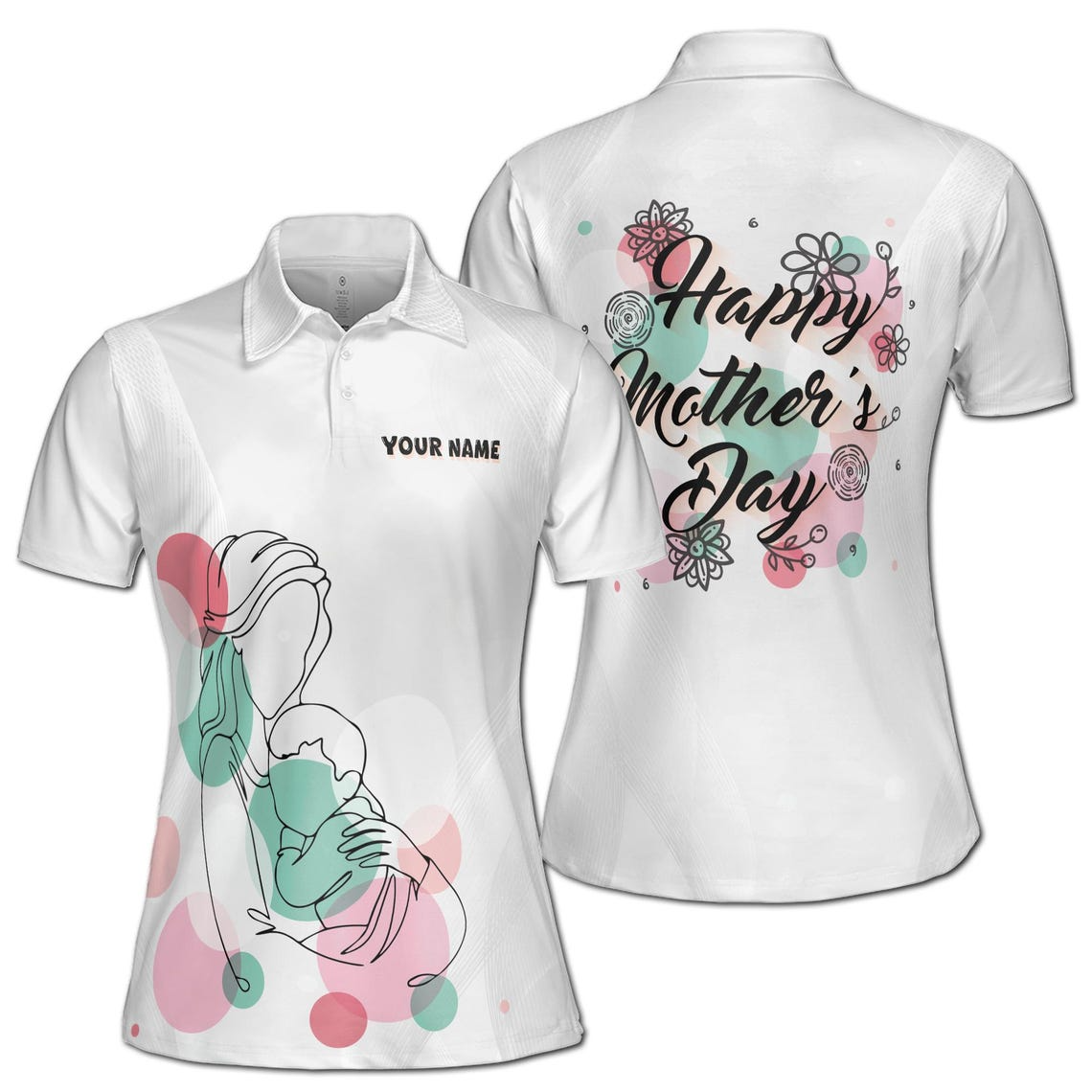 Customize Name Mom Baby Floral Pattern White Women's Polo Shirt (S-5XL)
