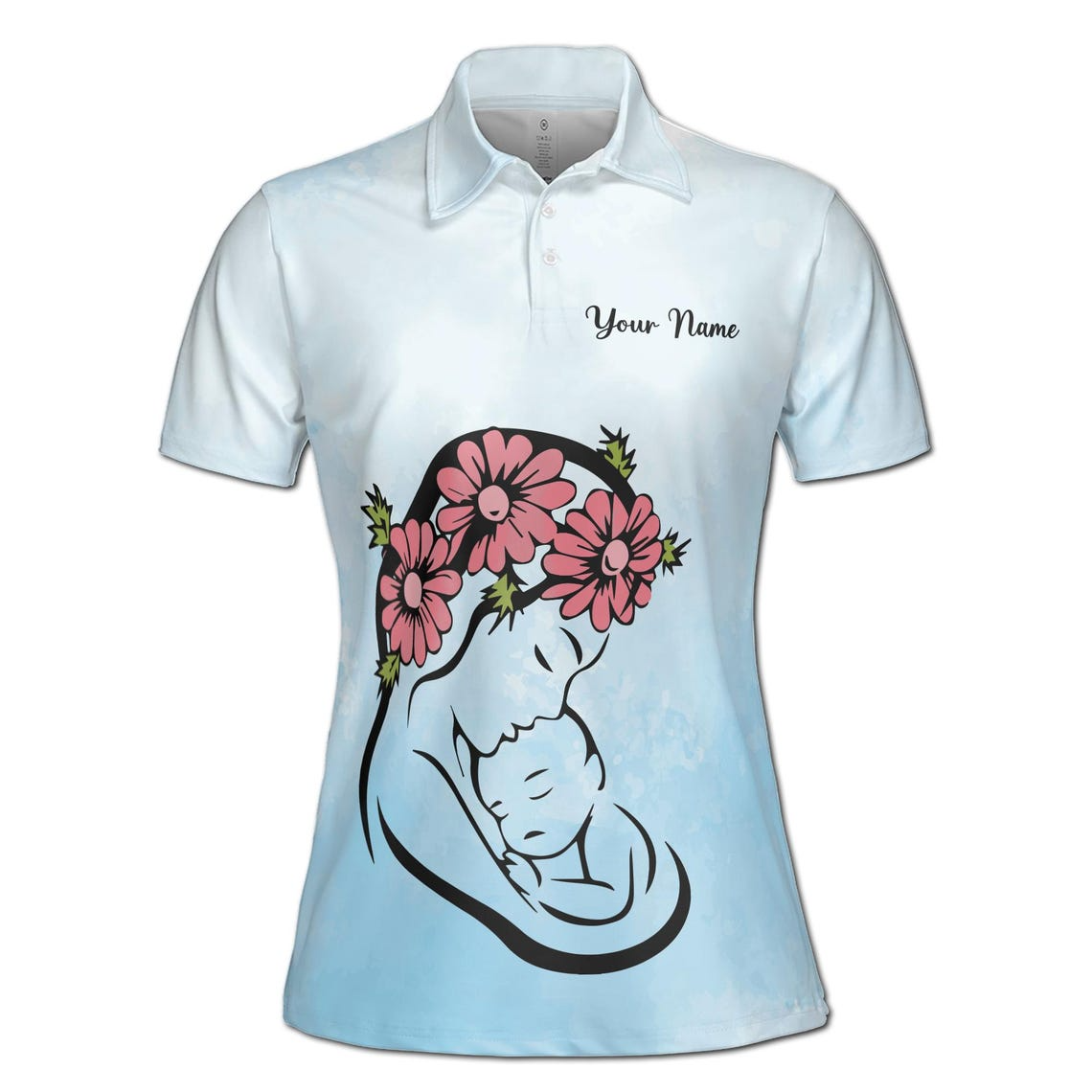Customize Name Mother Child Flower Bouquet Pattern Blue Women's Polo Shirt (S-5XL)