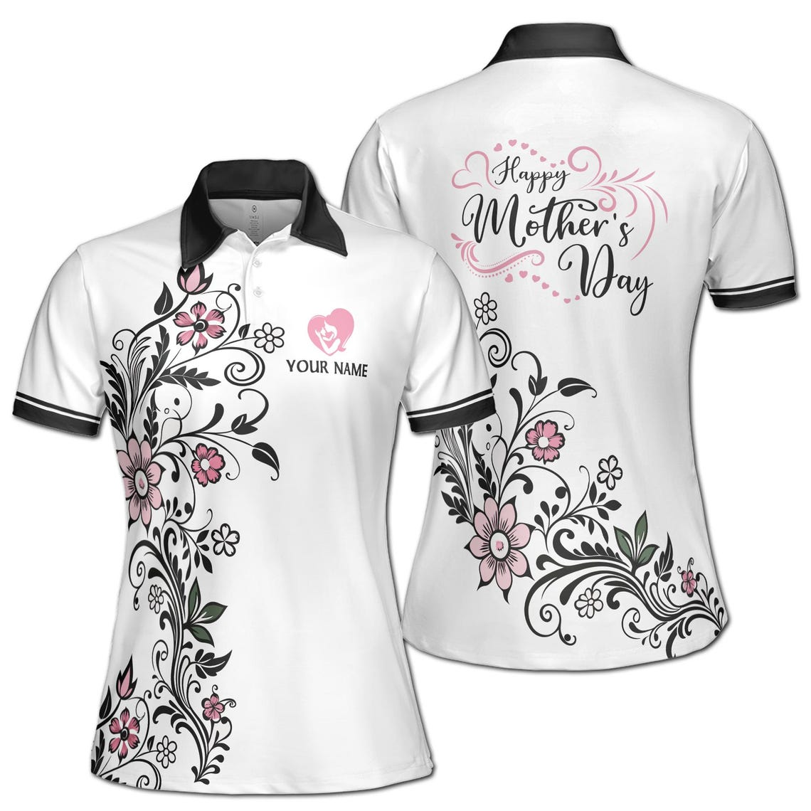 Customize Name Mom And Baby Floral Pattern Black White Women's Polo Shirt (S-5XL)