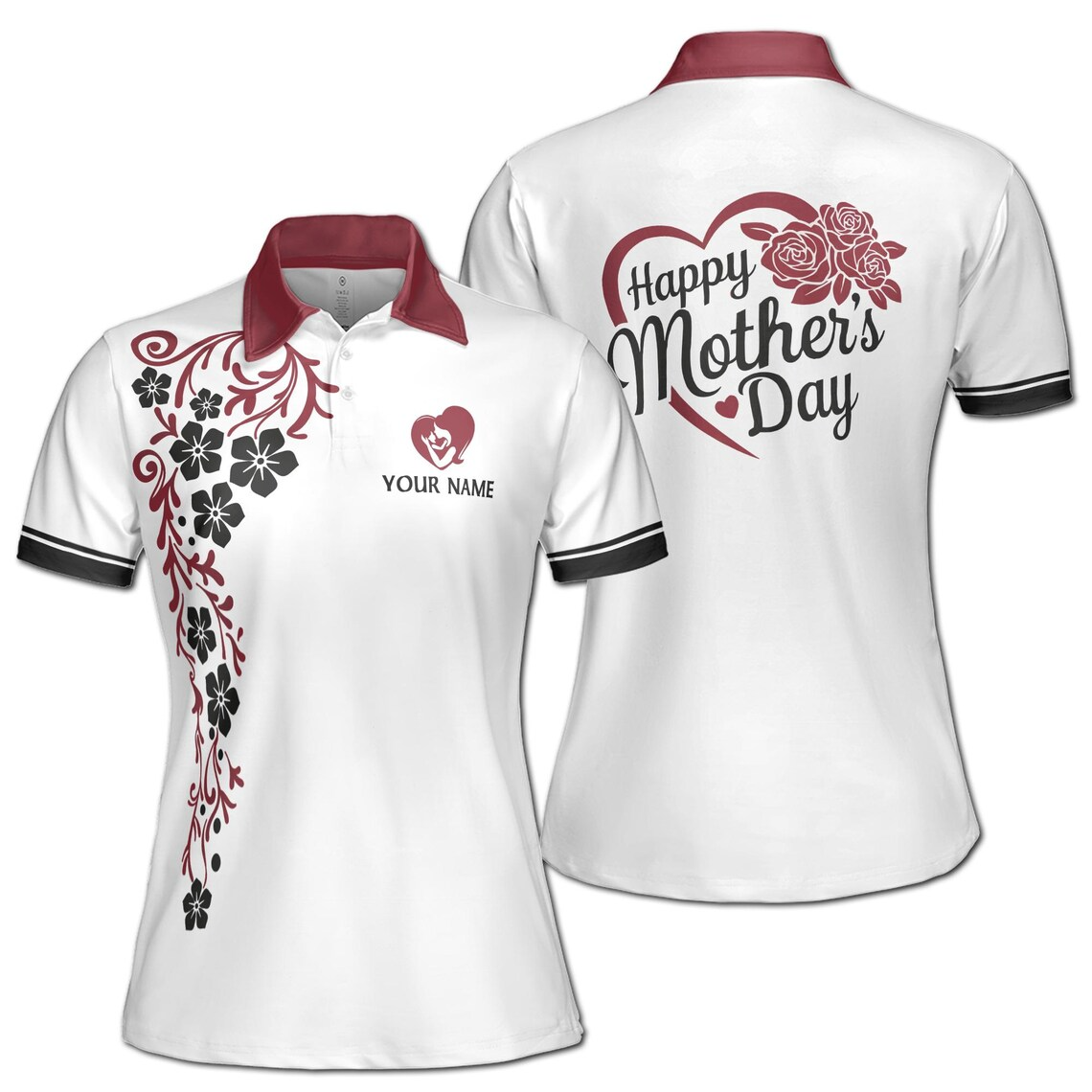 Customize Name Mom And Baby Floral Cascade Pattern White Women's Polo Shirt (S-5XL)