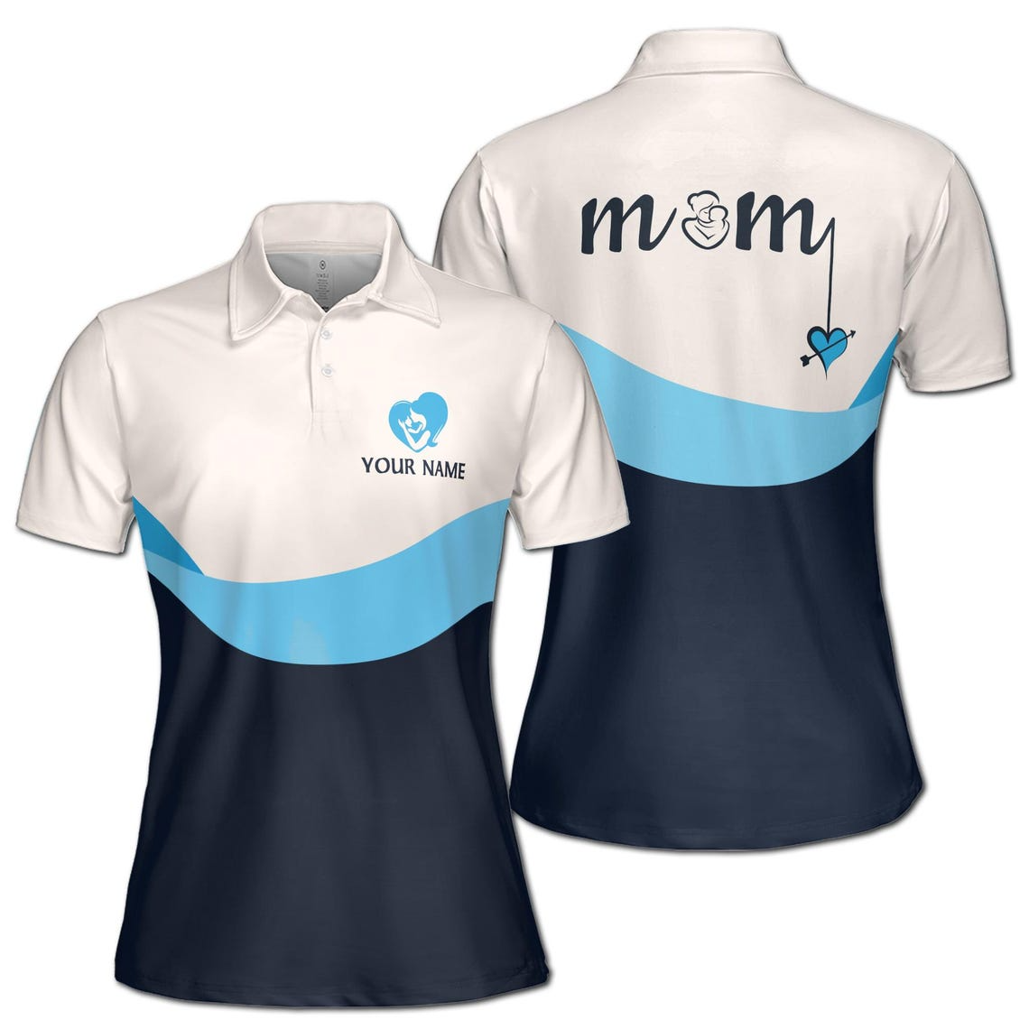 Customize Name Mom And Baby Hearts Arrow Blue White Women's Polo Shirt (S-5XL)
