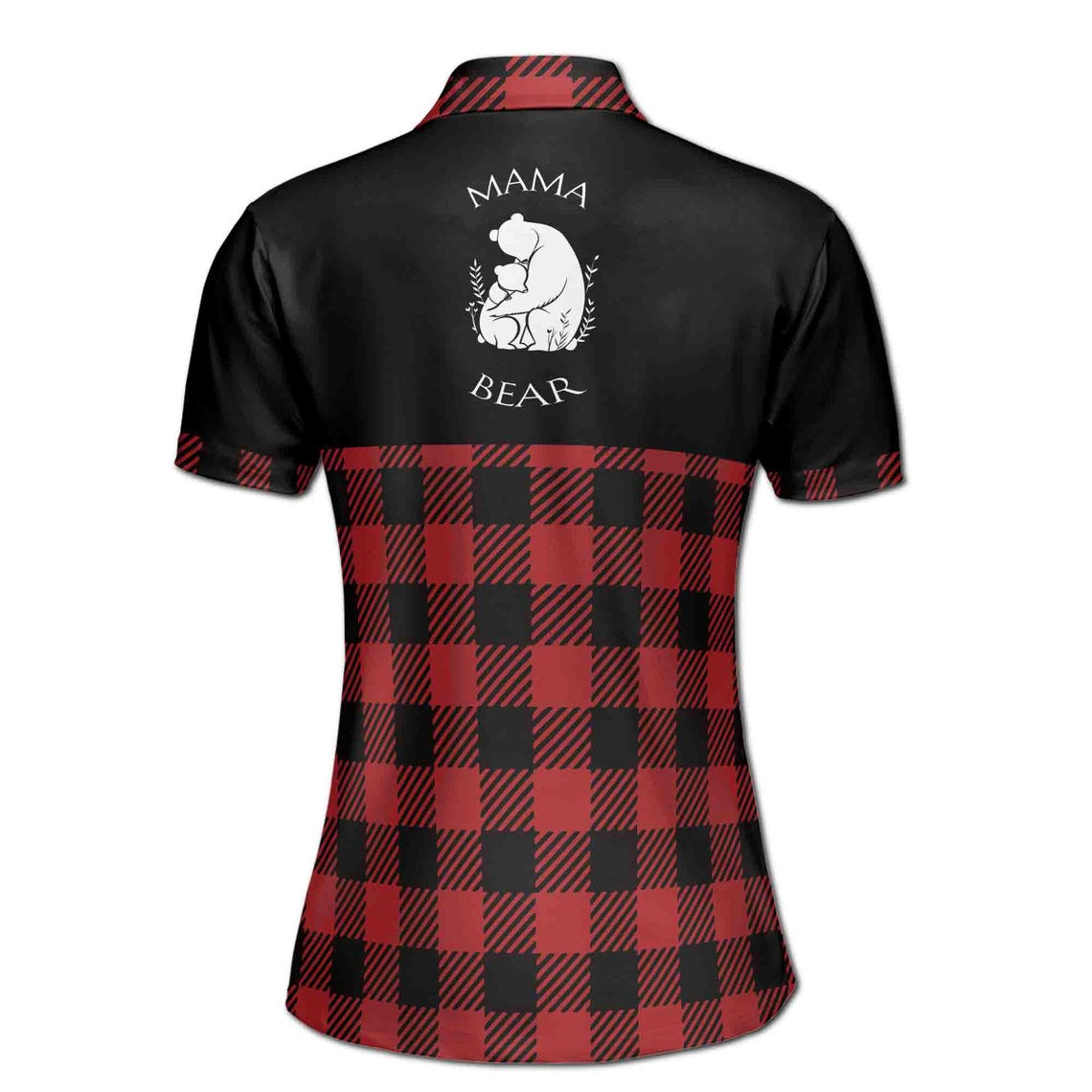 Customize Name Mama Bear Plaid Pattern Black Red Women's Polo Shirt (S-5XL)