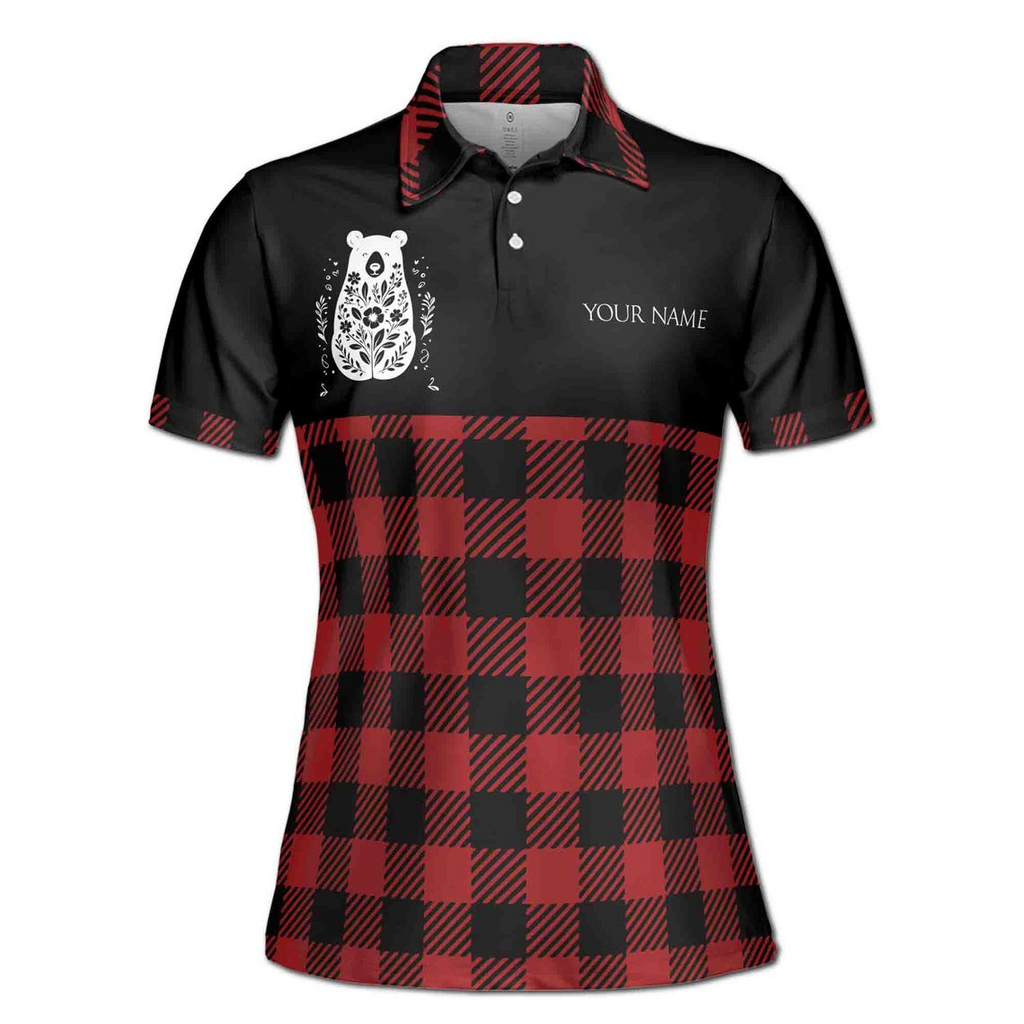 Customize Name Mama Bear Plaid Pattern Black Red Women's Polo Shirt (S-5XL)