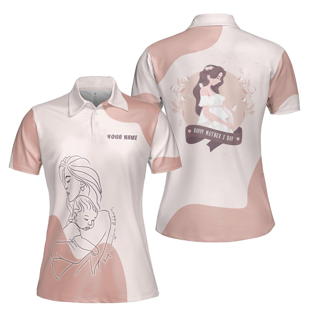 Customize Name Pregnant Mom And Baby Floral Pattern PinkWomen's Polo Shirt (S-5XL)