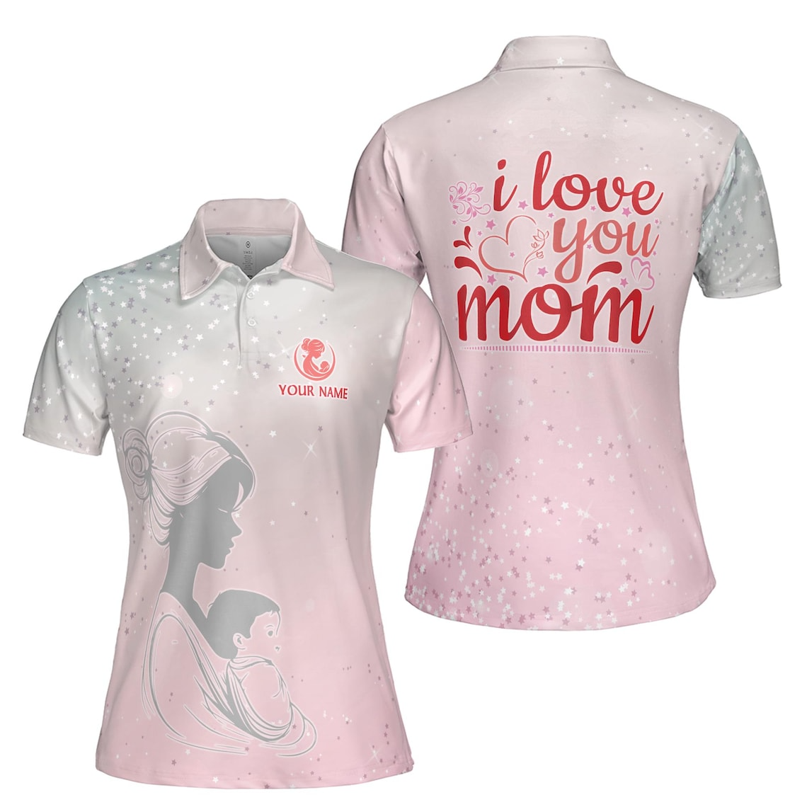 Personalized 'I Love You Mom' Polo Shirt: Pink Floral Star Design (S-5XL)
