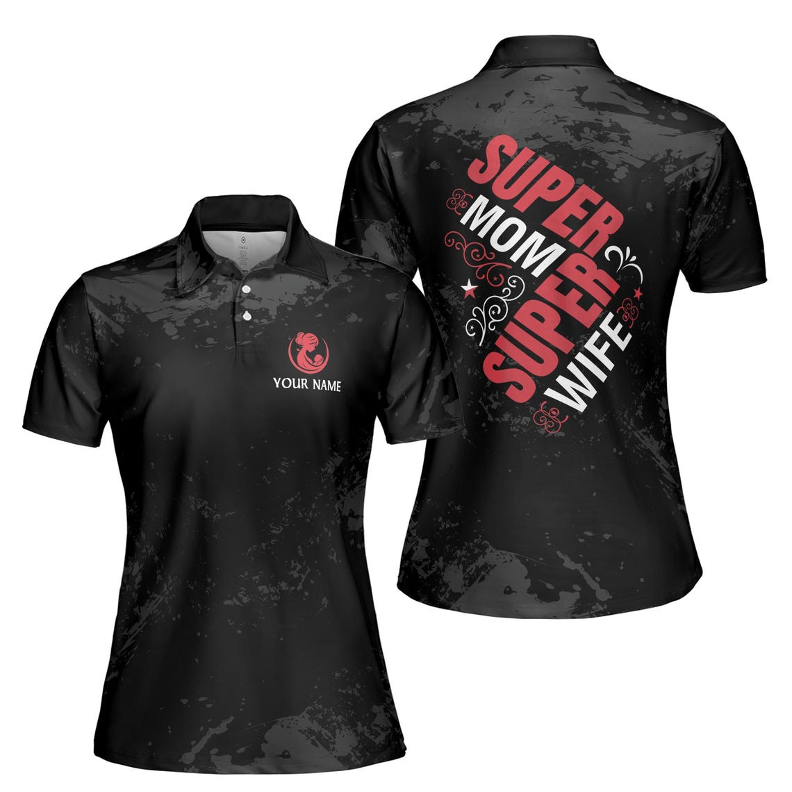 Customize Name Super Mom Super Wife Stars Vines Pattern Black Women's Polo Shirt (S-5XL)