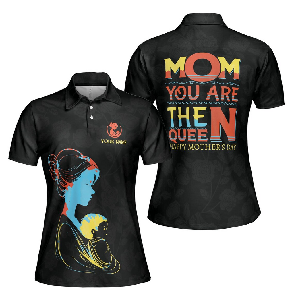 Customize Name Mom You Are The Queen Baby Floral Pattern Black Women's Polo Shirt (S-5XL)